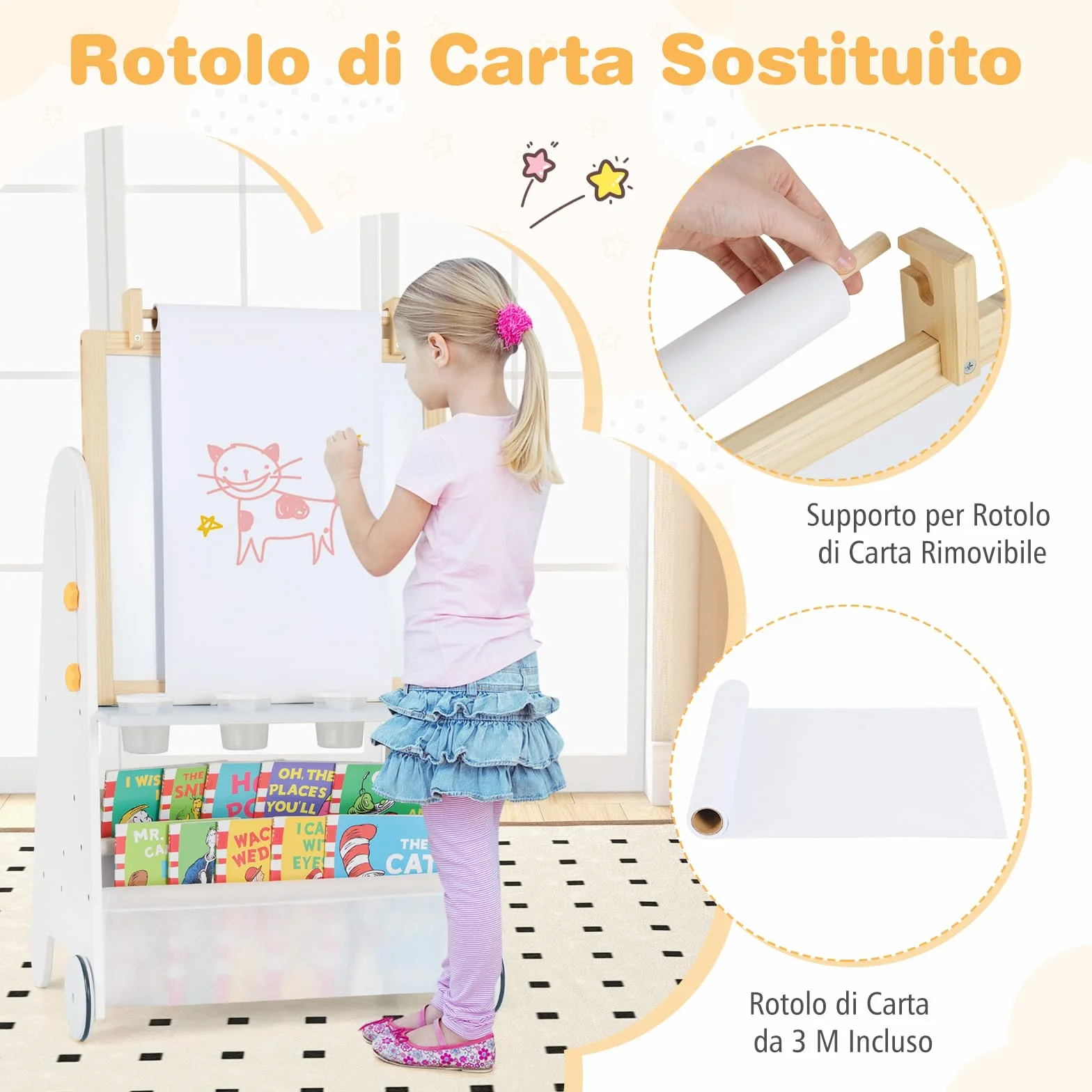 RELAX4LIFE Lavagna 4-in-1 con Sgabello, Lavagna Altezza Regolabile con Ruote, a Gesso, Bianca Magnetico, Ampia Piani di Lavoro & Rotolo di Carta, Regalo per Bambini da 3 Anni in Su