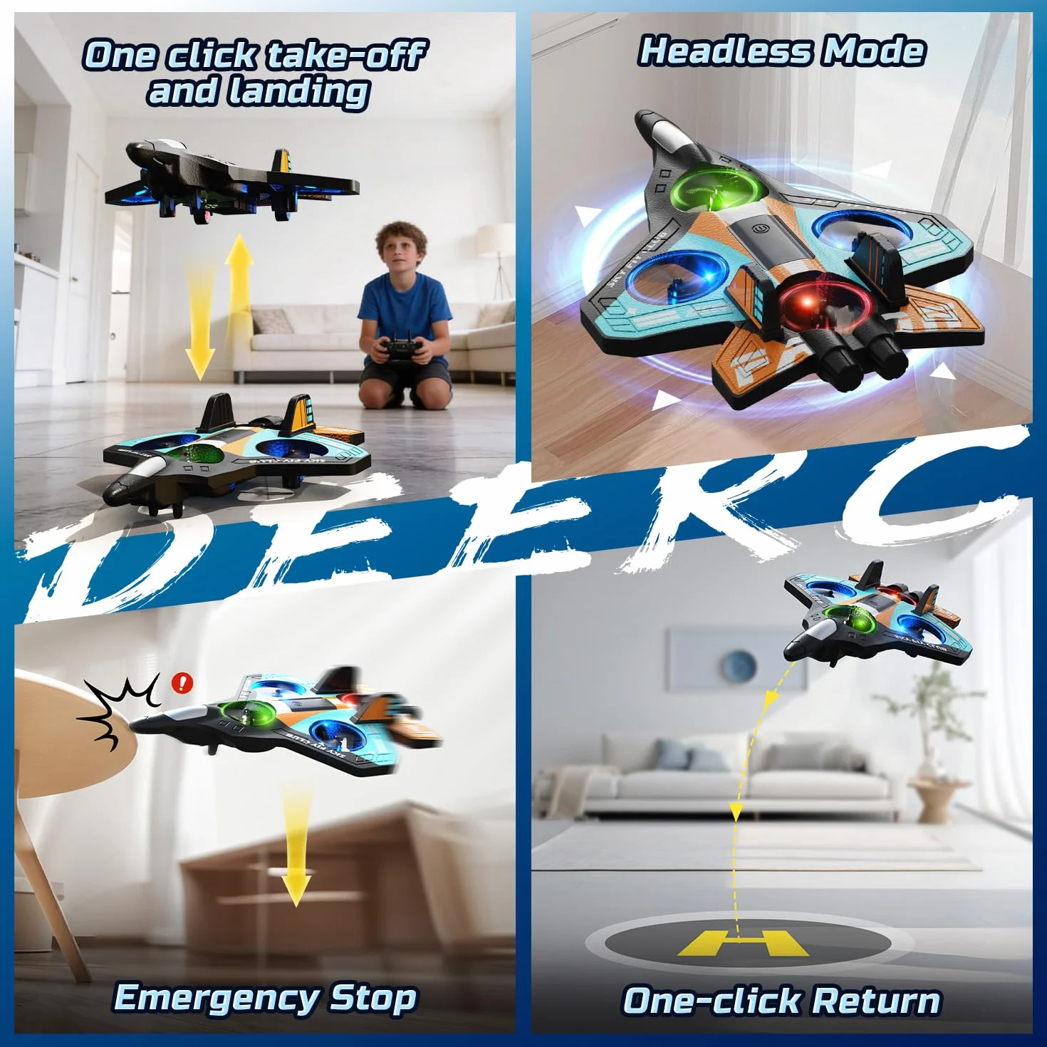 DEERC Aereo in schiuma RC per bambini, aereo radiocomandato in altezza, clip 3D e luci a LED, 2 batterie, aereo RC adatto ai principianti per ragazzi e ragazze (blu-arancio)