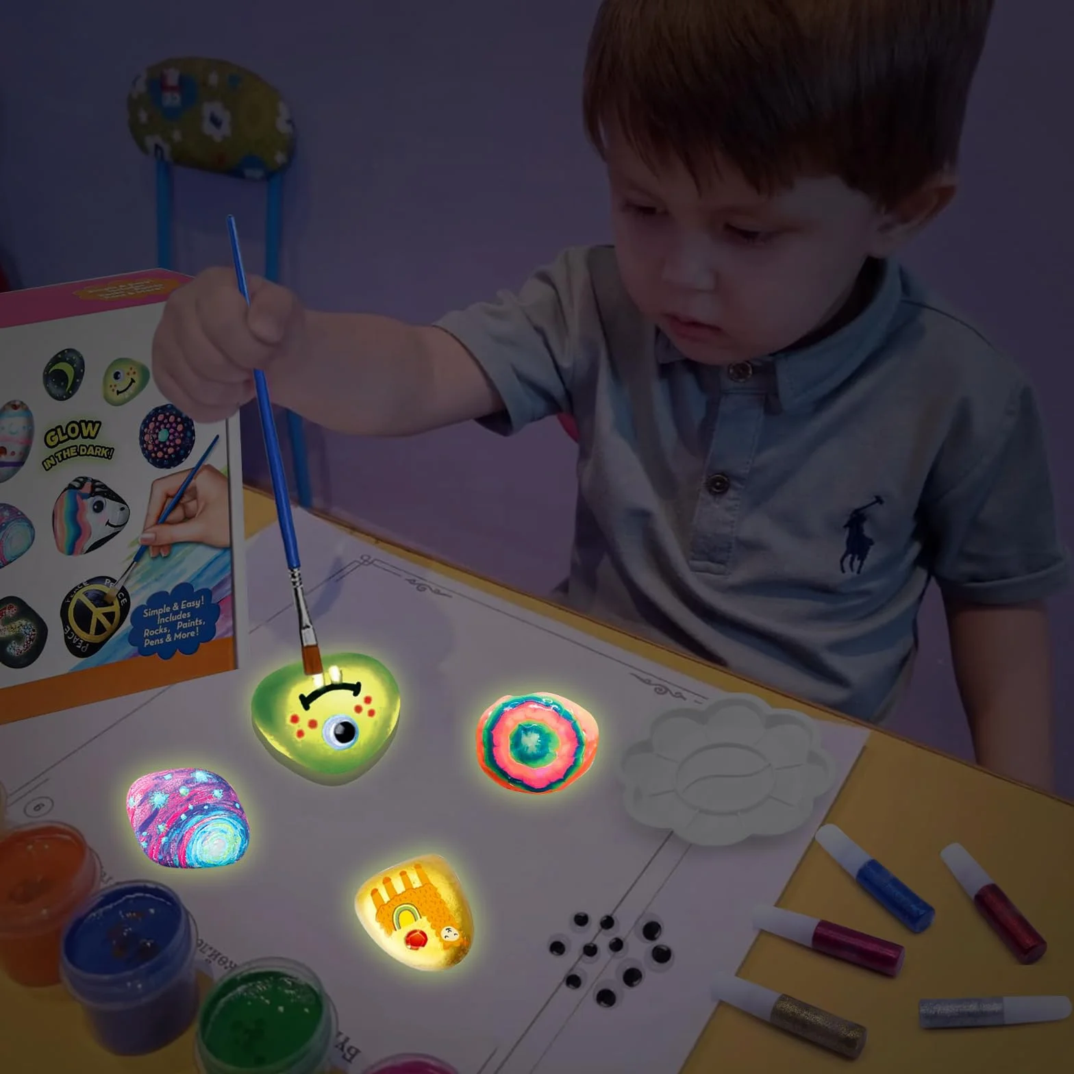 YESLUSY Kit Creativi Pittura di Pietra per Bambini 18 Pigmenti Colori Accessori 3-10 Anni