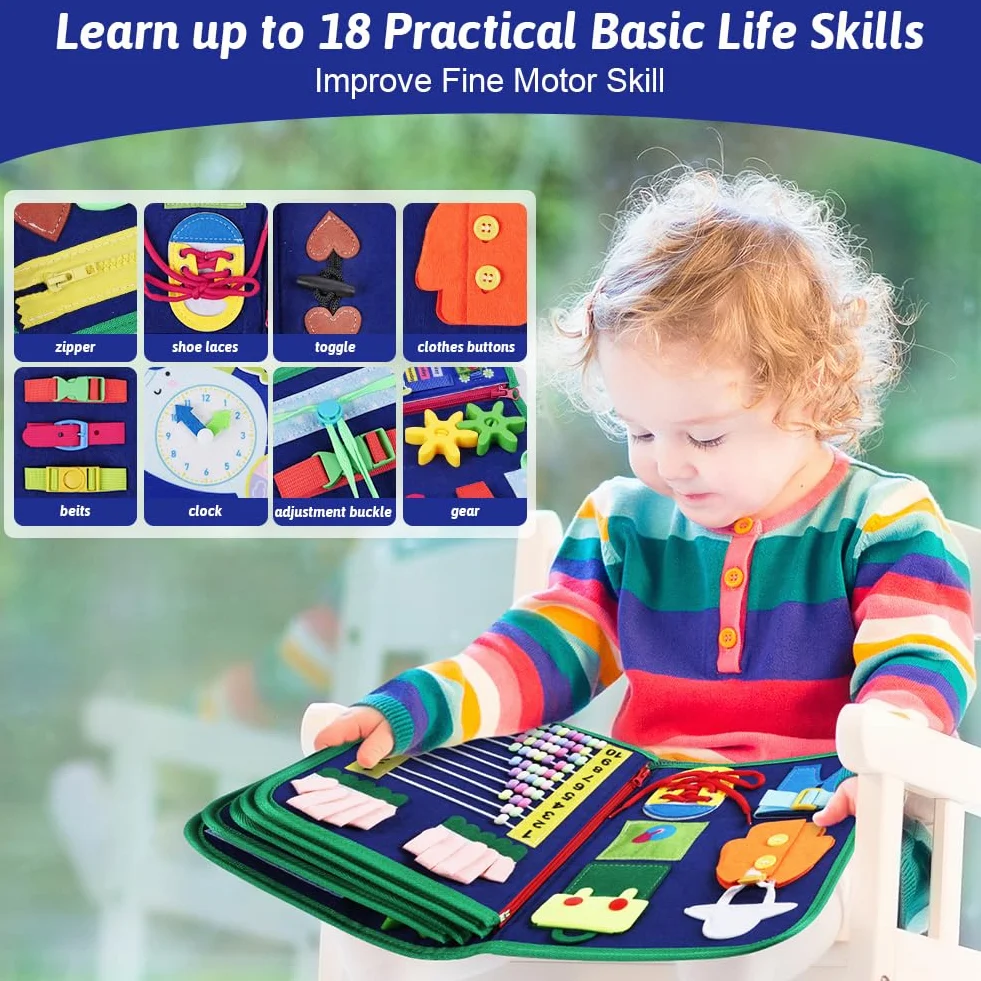 Montessori Busy Board di Feltro, Giochi Montessori Didattici Libro Interattivo per 1-6 Anni Bambini, Regalo Bambino, Giocattoli da Viaggio - Blu