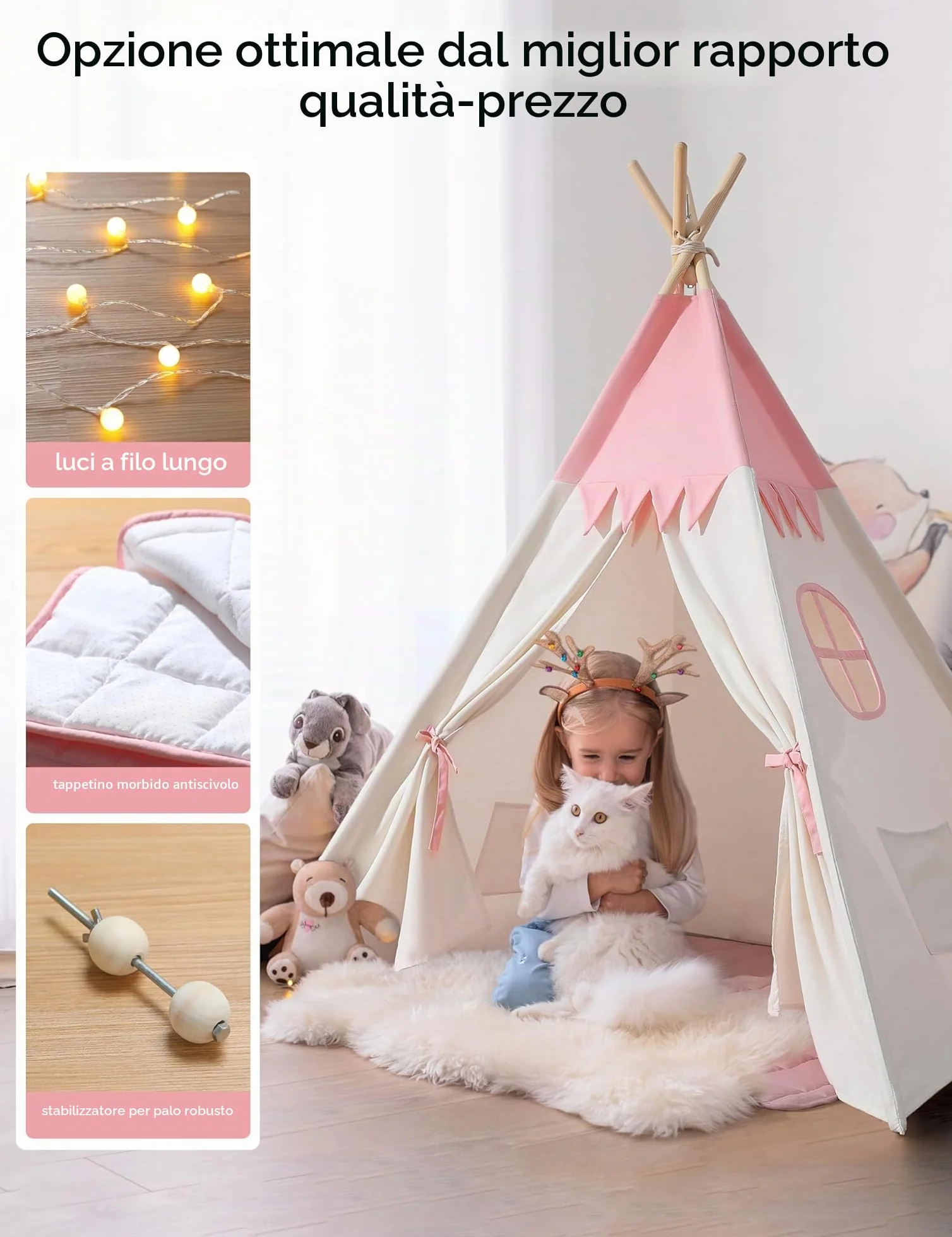 besrey Tenda per Bambini da Gioco in Tela Indiana Teepee in Cotone con Tappetino Imbottito e Luci Fatate (Rosa e bianco)