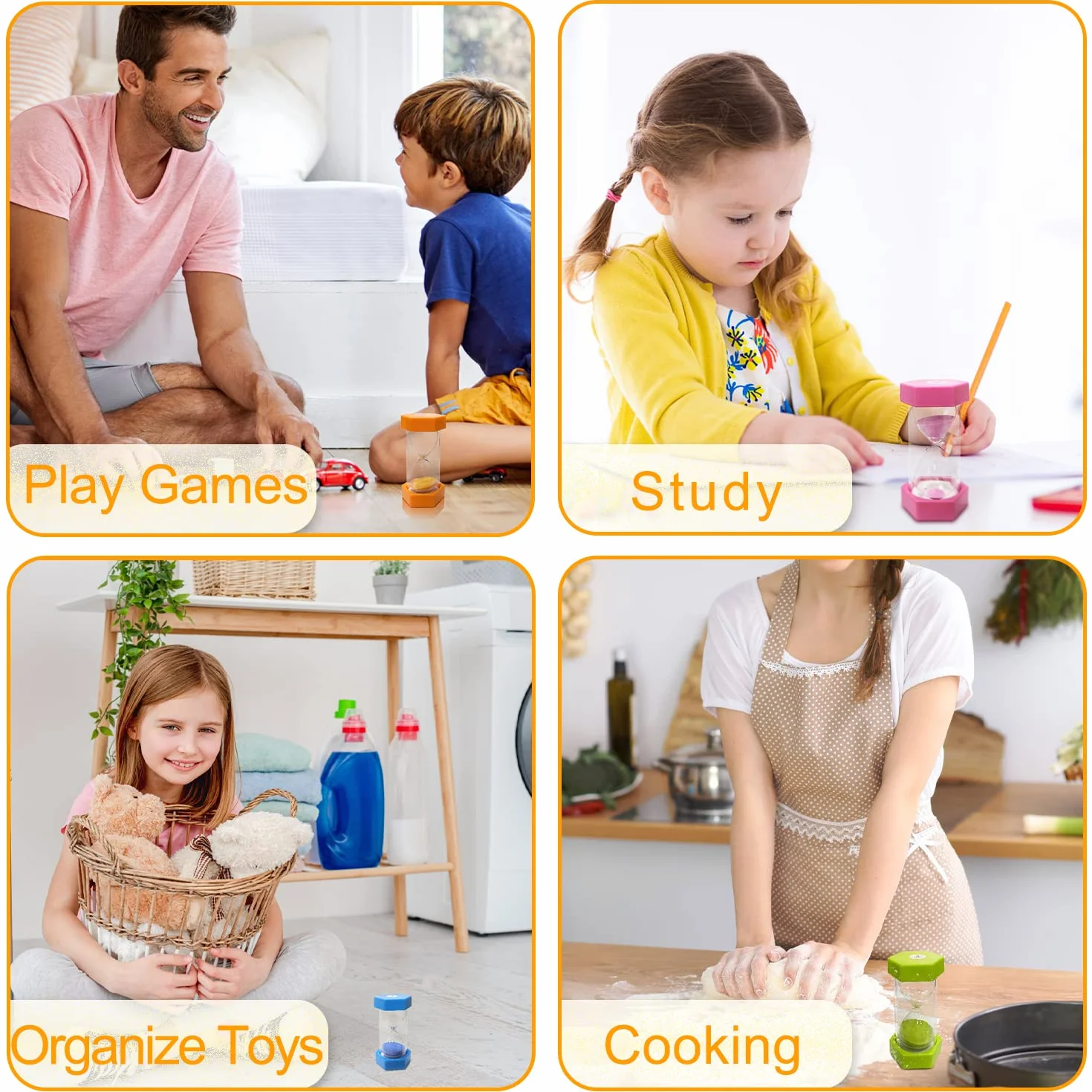 Clessidra con sabbia, timer per bambini, timer da cucina, decorazione per la gestione del tempo, clessidre colorate, perfetto in casa, classe, cucina, ufficio, giochi, 15 minuti, arancione