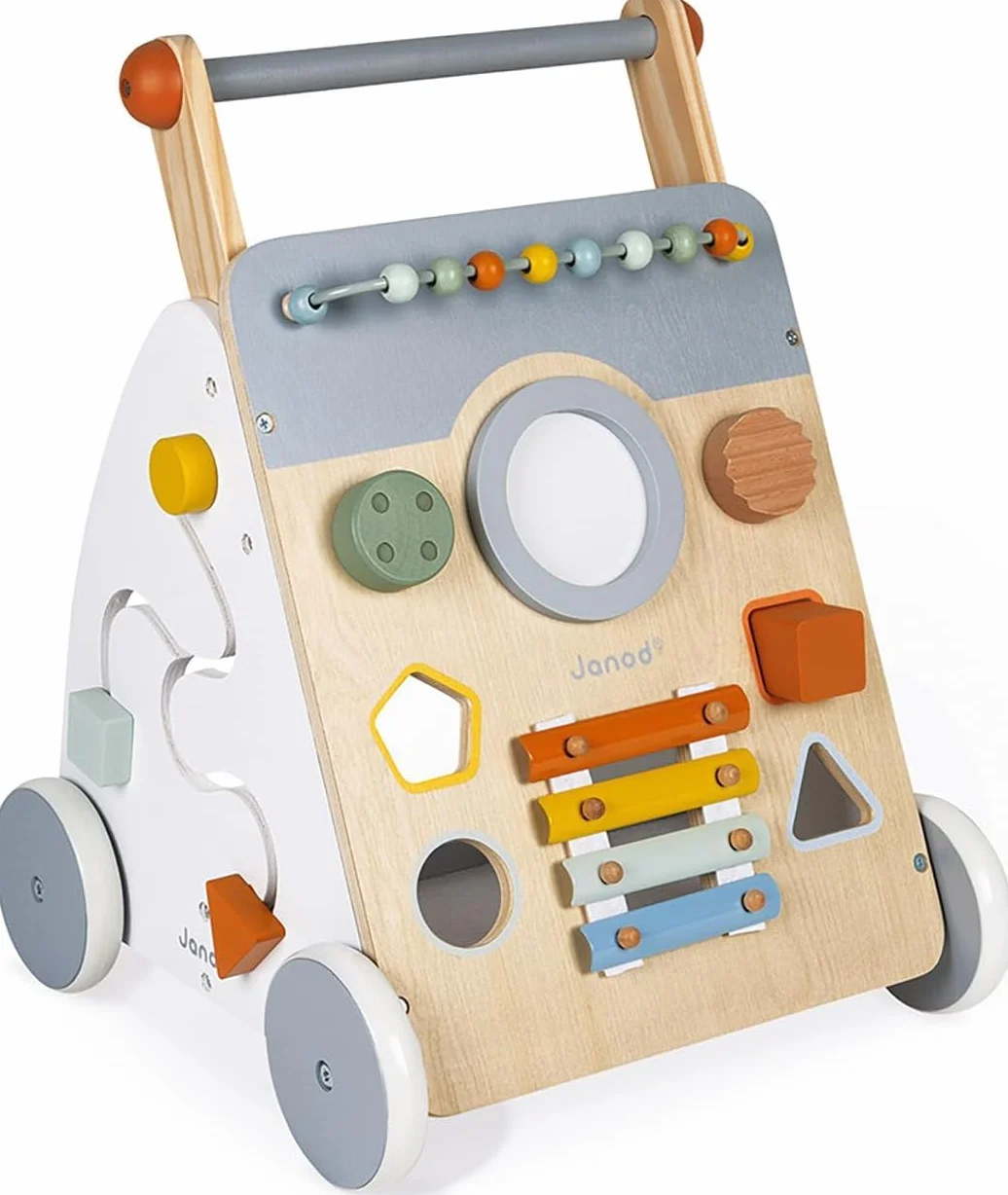 Janod - Carrello Multi Attività Sweet Cocoon - Carrello Primi Passi in Legno a Spinta - 9 Attività - Ruote Silenziose, Vernice Ad Acqua - Giocattolo per Bambini Evolutivo da 12 Mesi, J04410