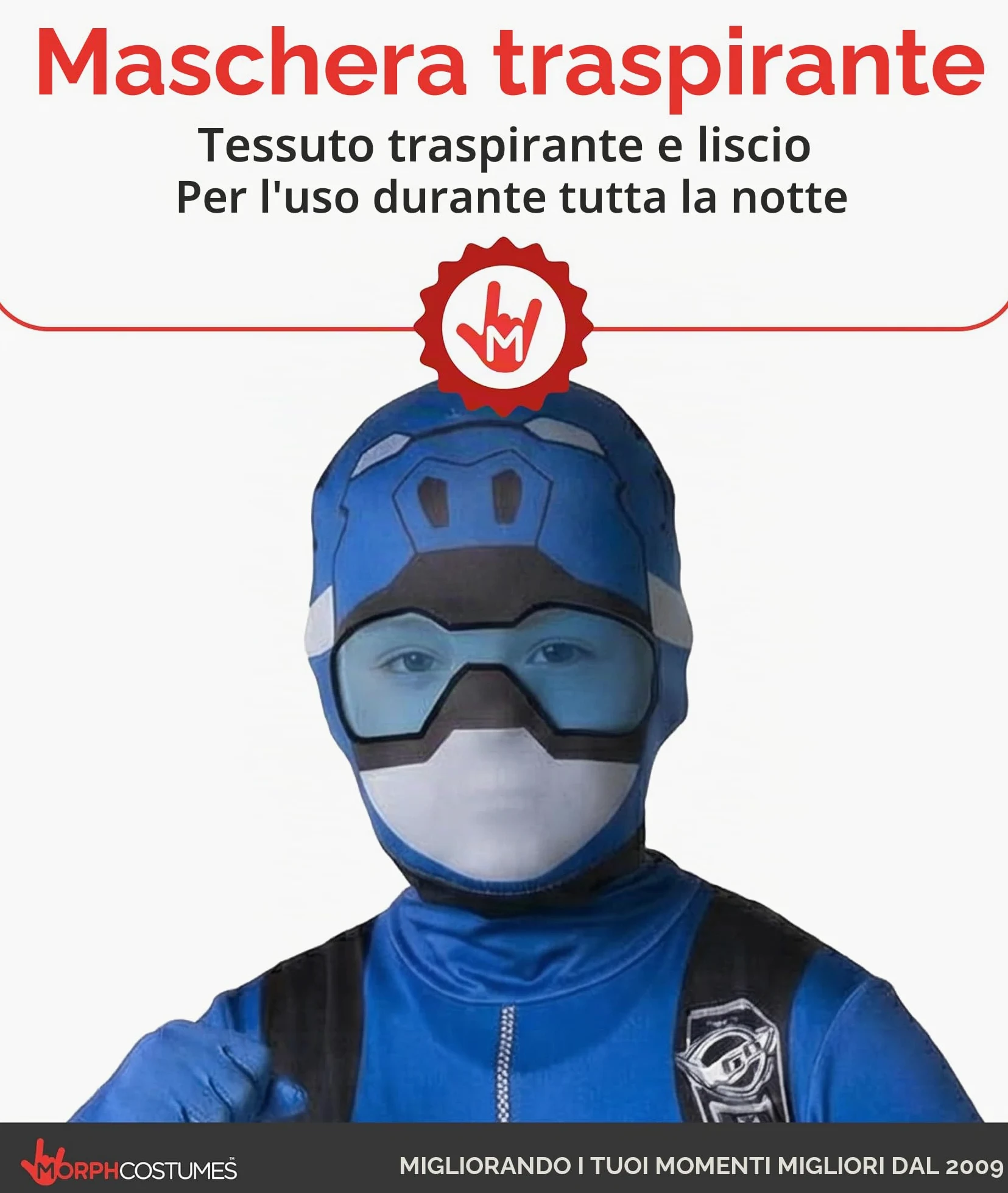 Morphsuits Costume Power Ranger Blu Bambino, Tuta Halloween Bambino | Tuta Integrale con Cappuccio e Visiera, Design Ranger Blu, Chiusura con Zip, Perfetto per Halloween, Ideale per il Cosplay