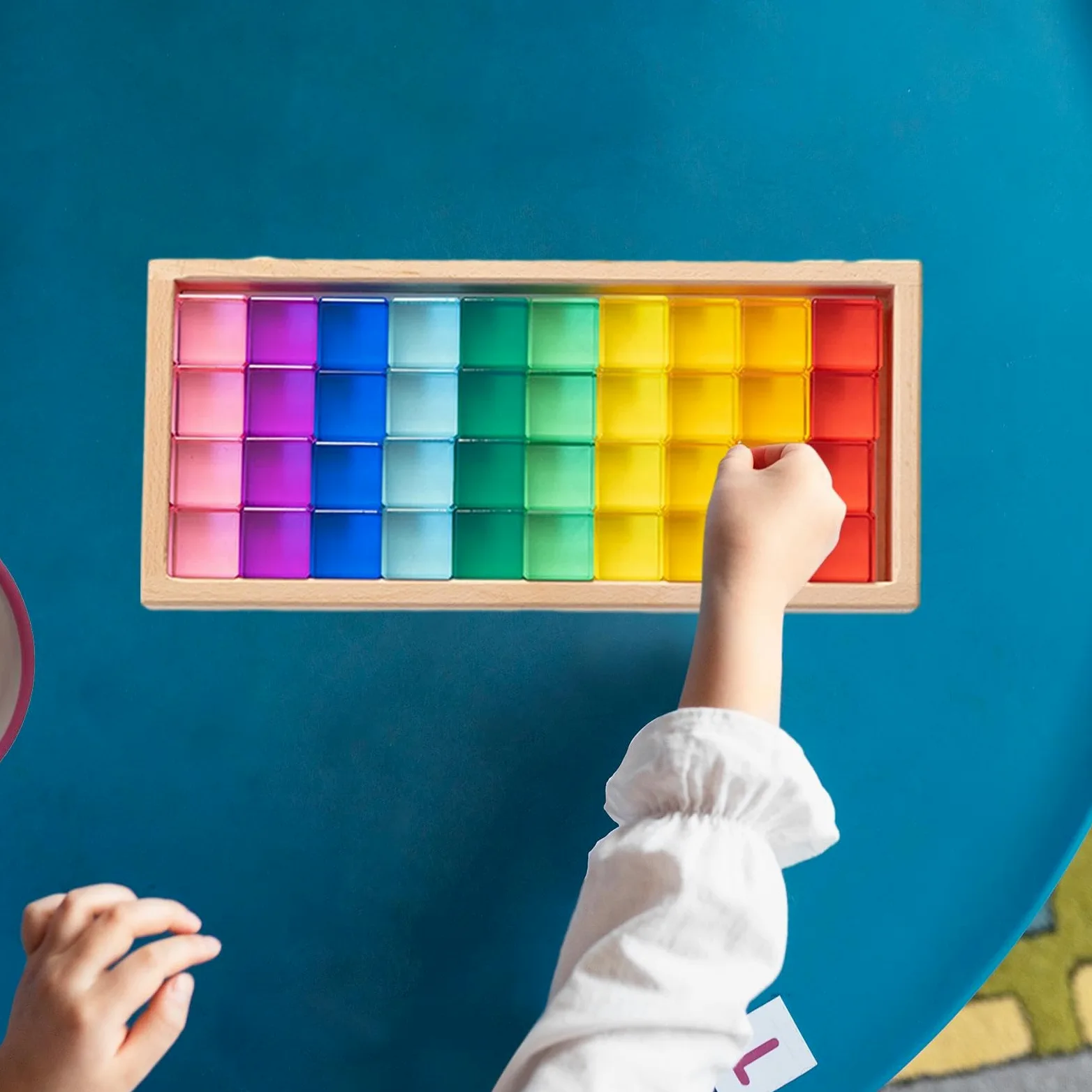 50 Pezzi Blocchi da Costruzione Cubi Arcobaleno Giochi Acrilico Trasparente con Scatola in Legno Adatto per Bambini Scuola, 40 Pezzi