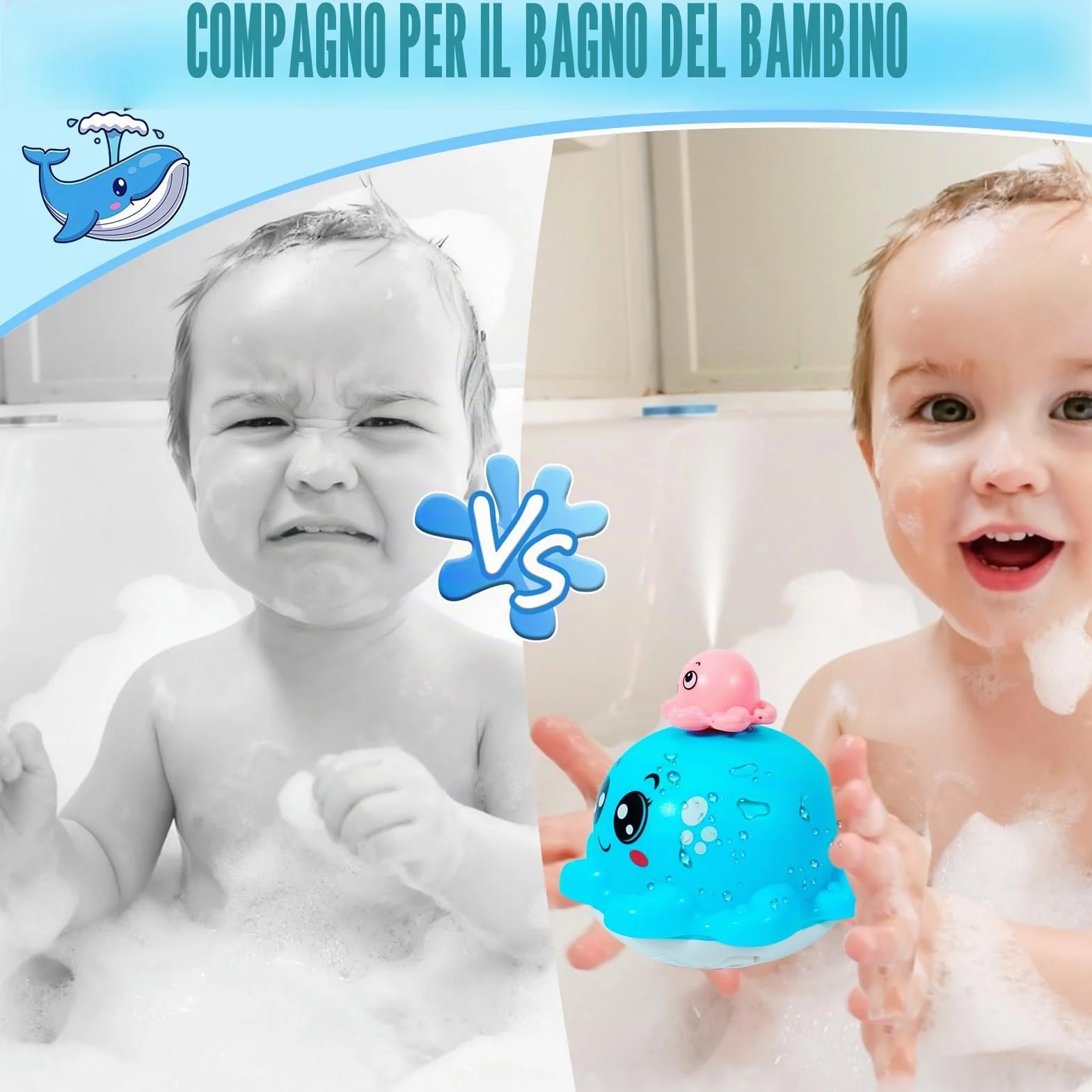 Giochi Bagnetto Neonato, Polpo Giochi Vasca da Bagno Bambini Spruzzo d'Acqua Automatico, Giochi Bagnetto con Luce a LED, 4 Teste di Spruzzo, Giocattoli da o Piscina per 1 2 3 Anno, Blu