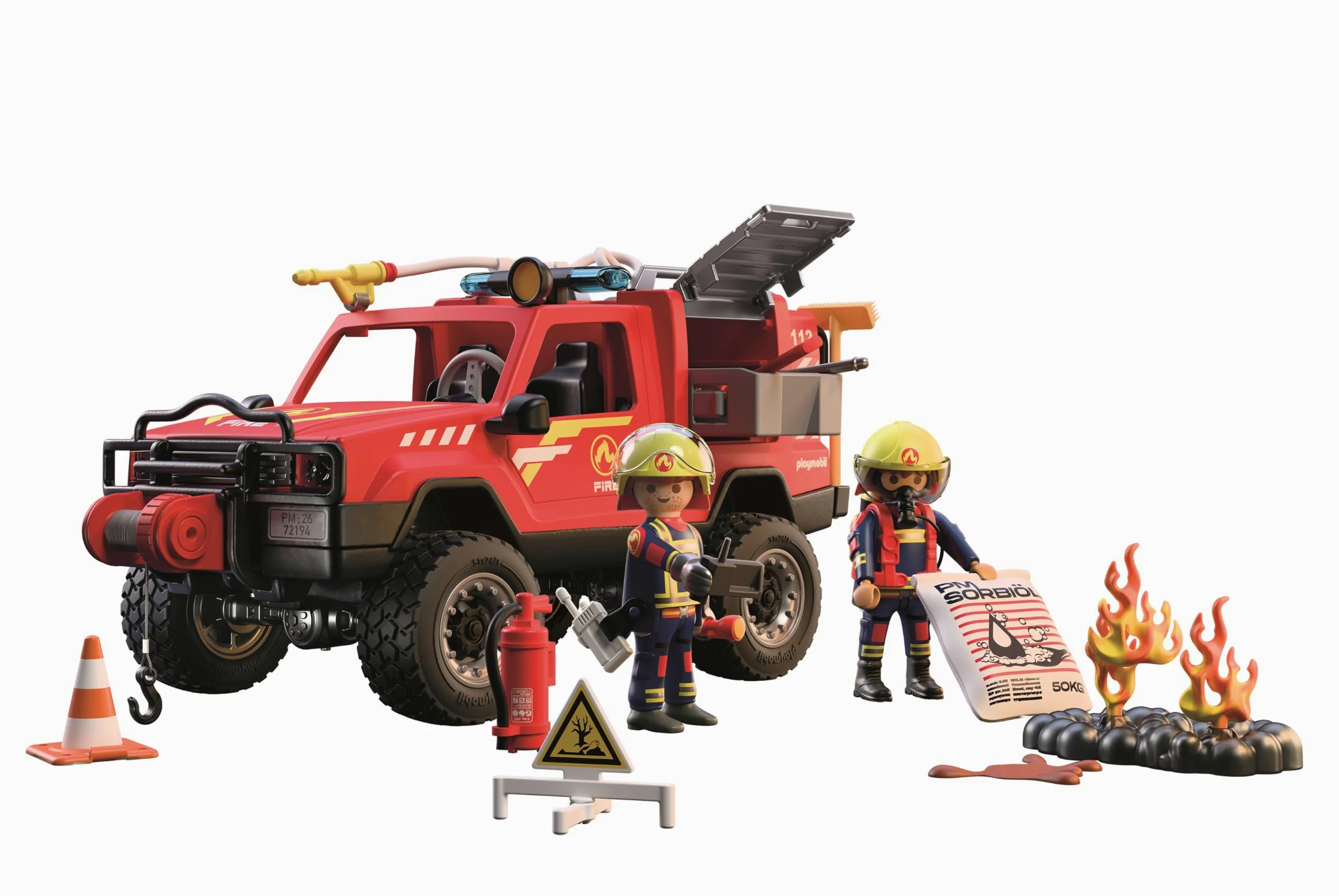 PLAYMOBIL | City Action | Pick-up dei pompieri | Veicolo fuoristrada con vera funzione di spruzzo d’acqua, verricello e accessori | Per bambini da 4 anni | 72194