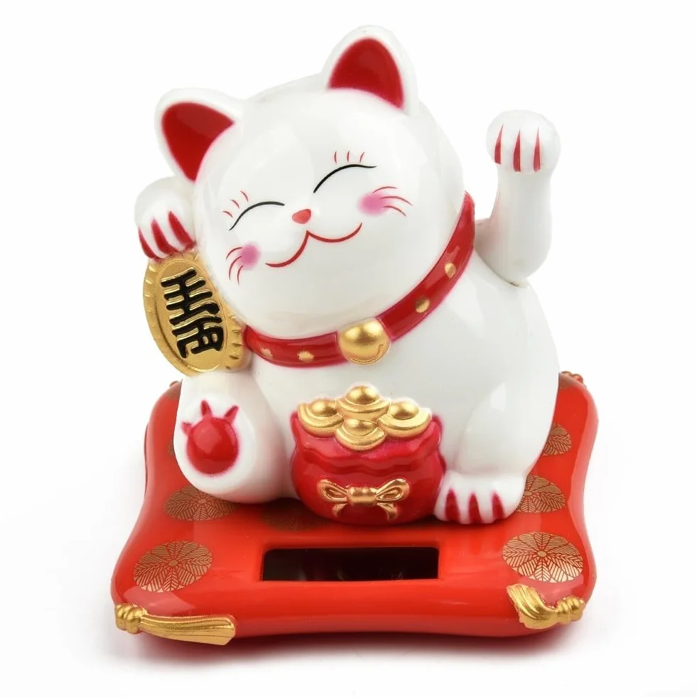 Maneki Neko Statuetta Gatto Portafortuna Solare 6,3 cm Bianco