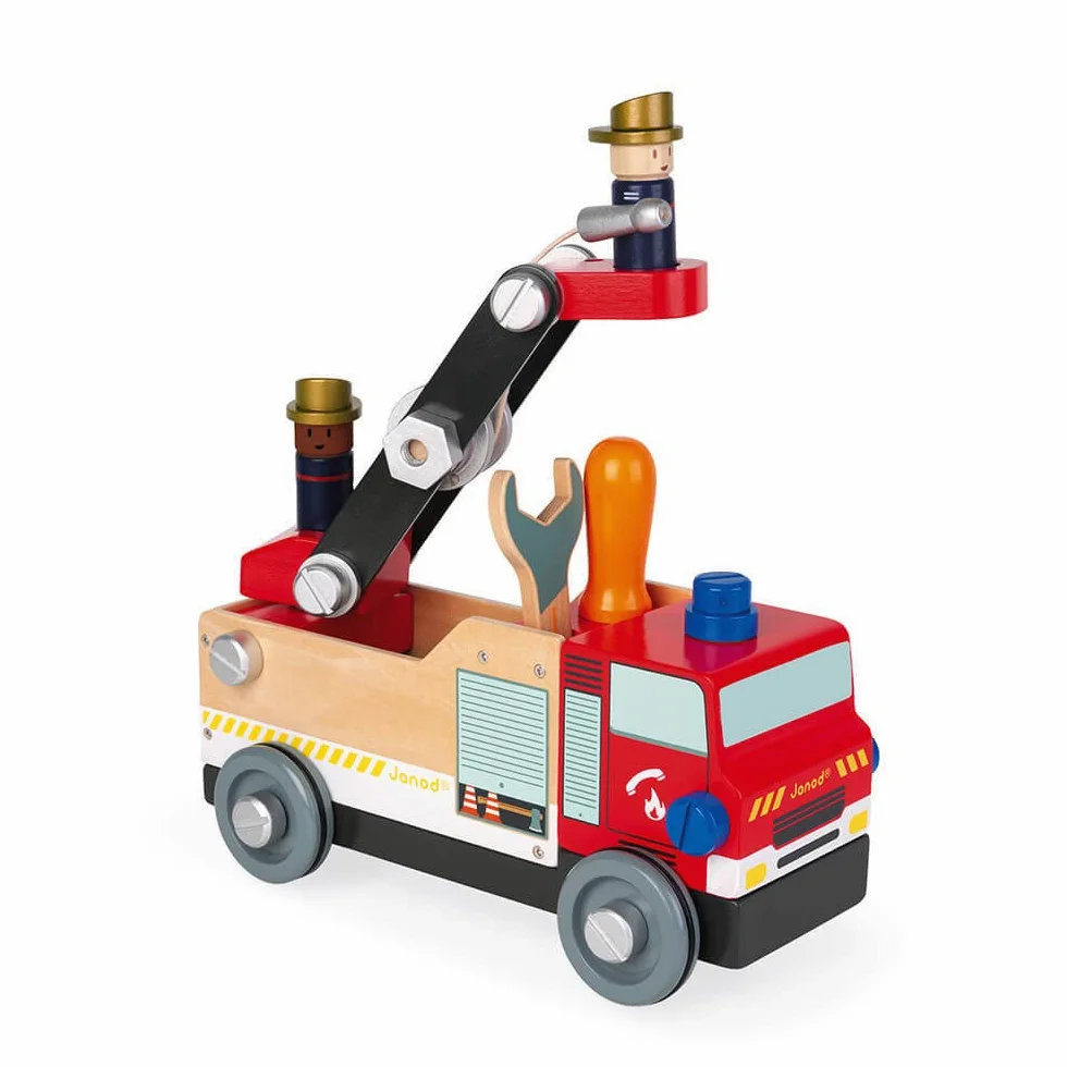 Janod - Il Mio Primo Gioco di Costruzione - Camion dei Pompieri in Legno FSC - 45 Pezzi - Facile da Assemblare - Dai 3 Anni - J06469