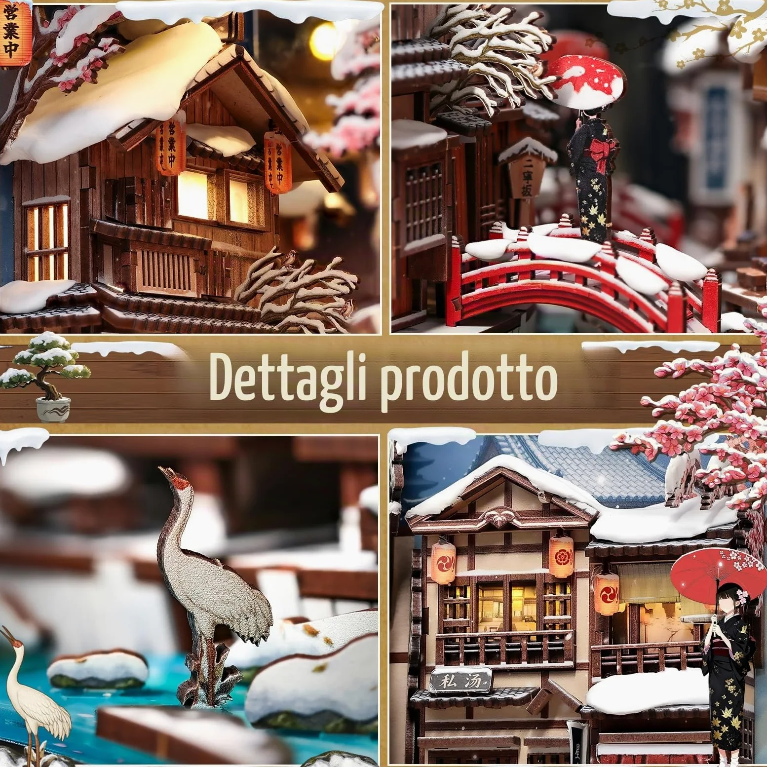 CUTEBEE Book Nook Kit - Casa delle bambole fai da te da costruire per adulti, puzzle 3D in legno con LED, scena invernale a Kyoto, decorazione per biblioteca, regali fatti a mano (Kyoto Snow Whisper)