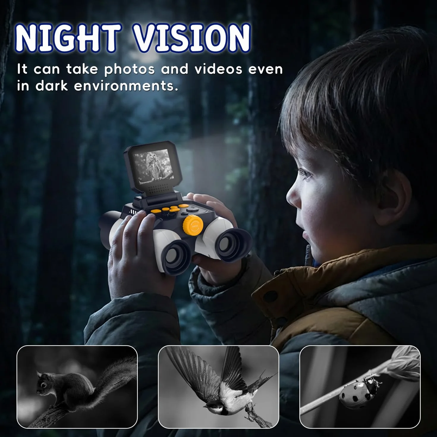 Binocolo Bambino con Fotocamera, Funzione di Visione Notturna a Infrarossi, Telescopio per Bambini 10x25, adatto a Bambini dai 4 anni in su per Birdwatching, Campeggio, Escursionismo(Bianco)