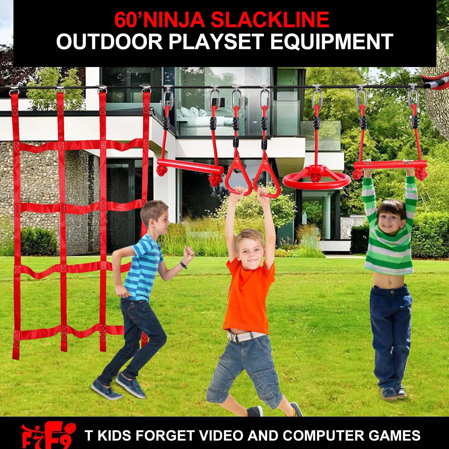 Ninja Slackline Kit, 15M Ninja Linea Viene fornito con Kit da Ostacoli Sospeso per Bambini completi e sicuri