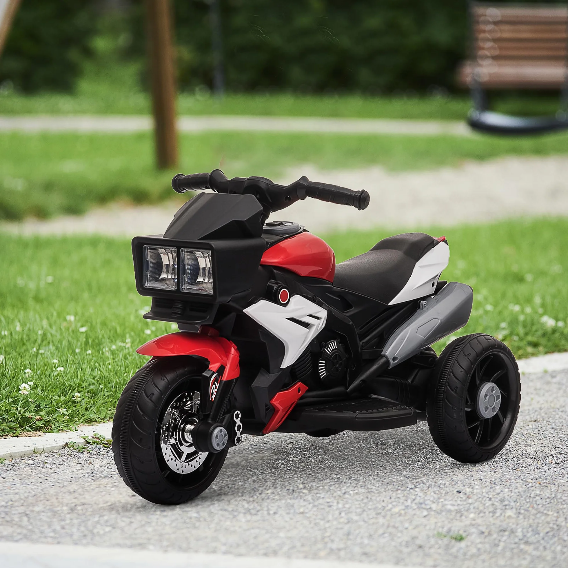 HOMCOM Moto Elettrica per Bambini 3-5 Anni 6V (max. 25kg), Velocità 3km/h, Motorino Elettrica per Bimbi con 3 Ruote, Luci e Suoni, Rosso, 86x42x52cm