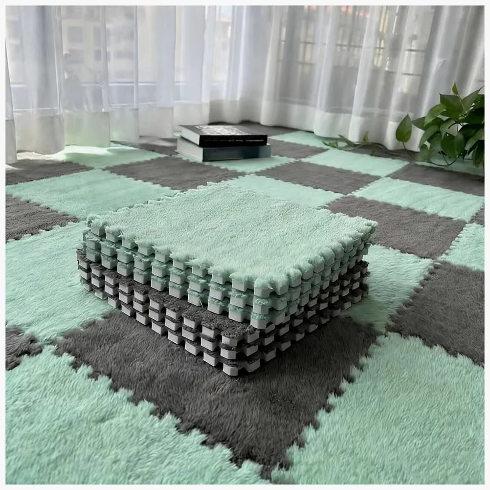 Tappetini In Schiuma Di Peluche Ad Incastro Morbidi Con Giunture Divise Soffici Tappetini Morbidi Per Camera Da Letto Sala Camera Dei Bambini Ufficio(Green+Gray,15 pcs)