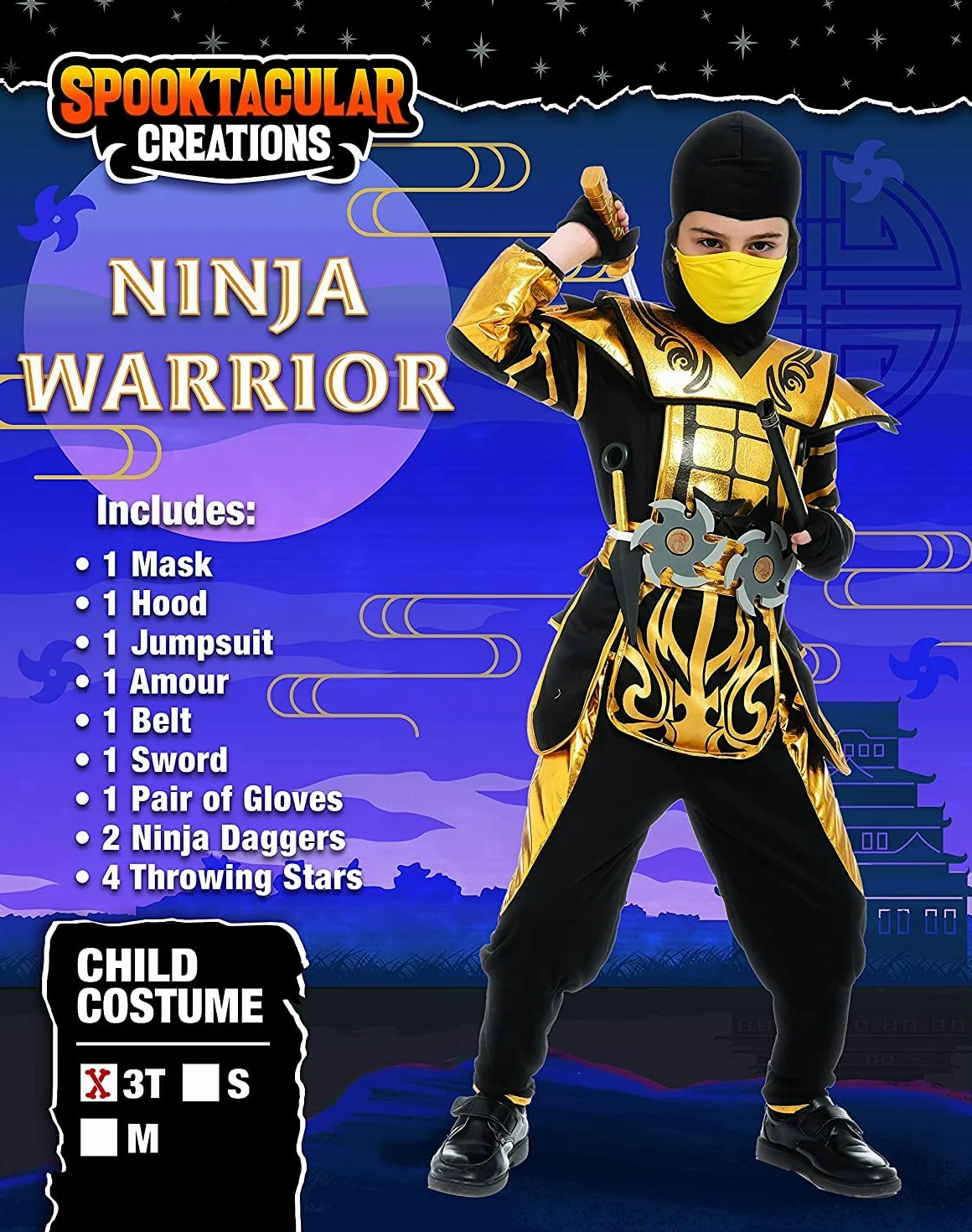 Spooktacular Creations Costume da ninja d'oro per feste a tema ninja per bambini Costume di Halloween da ninja gioco di ruolo Festa di Natale