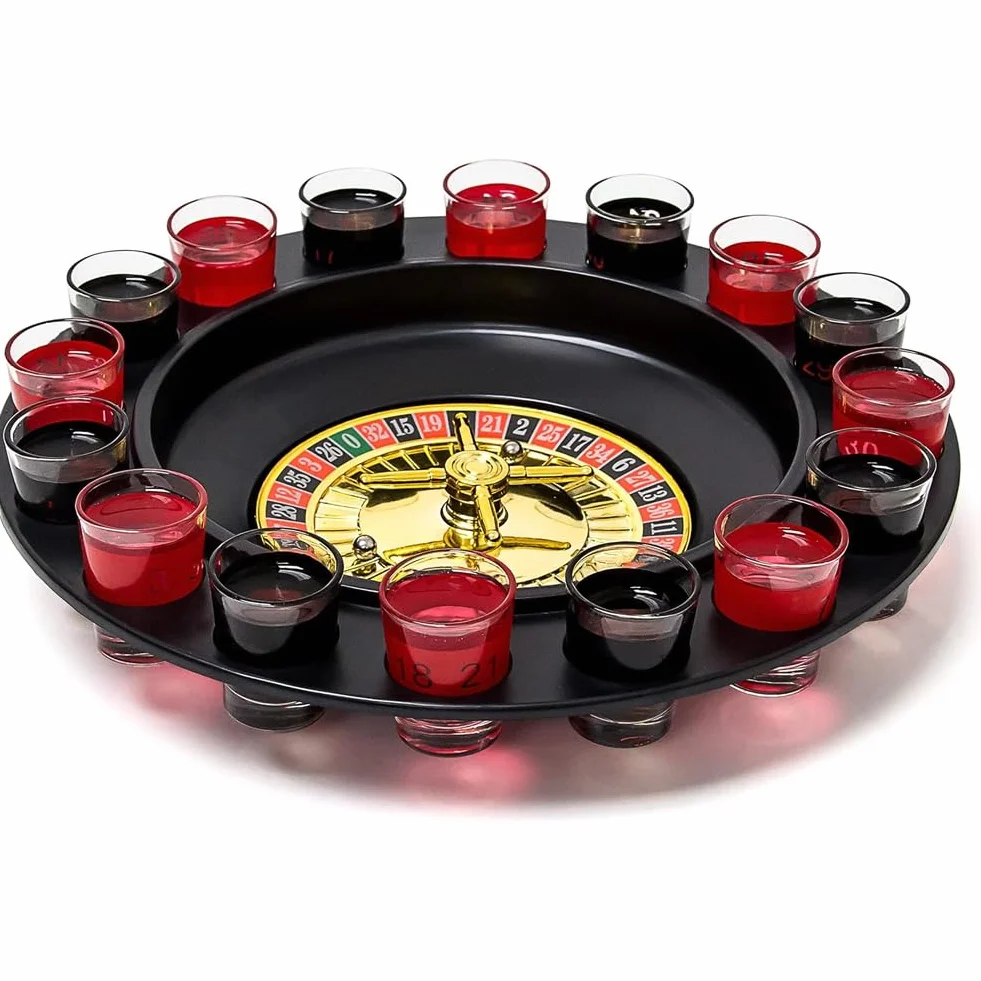 BAKAJI Roulette Russa Alcolica da Tavolo con 16 Bicchierini, Gioco da Tavolo per Feste, Party, Amici, Divertimento, Giocattoli di Gruppo con Bicchieri Rossi e Neri, 30 x 30 x 7 cm