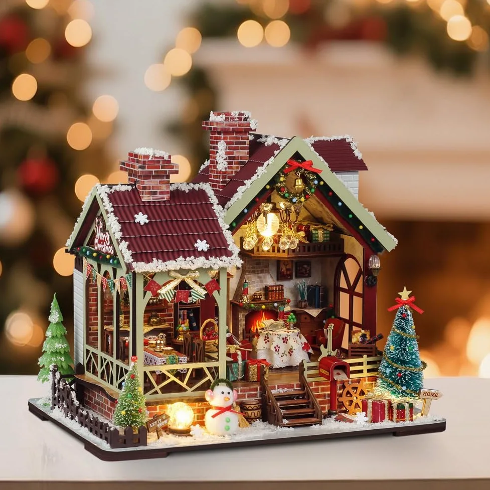 Kit fai da te per casa delle bambole in miniatura di Natale, kit mini casa delle bambole in legno per adulti, puzzle 3D in legno con LED, regalo di Natale e compleanno, decorazione per la casa per