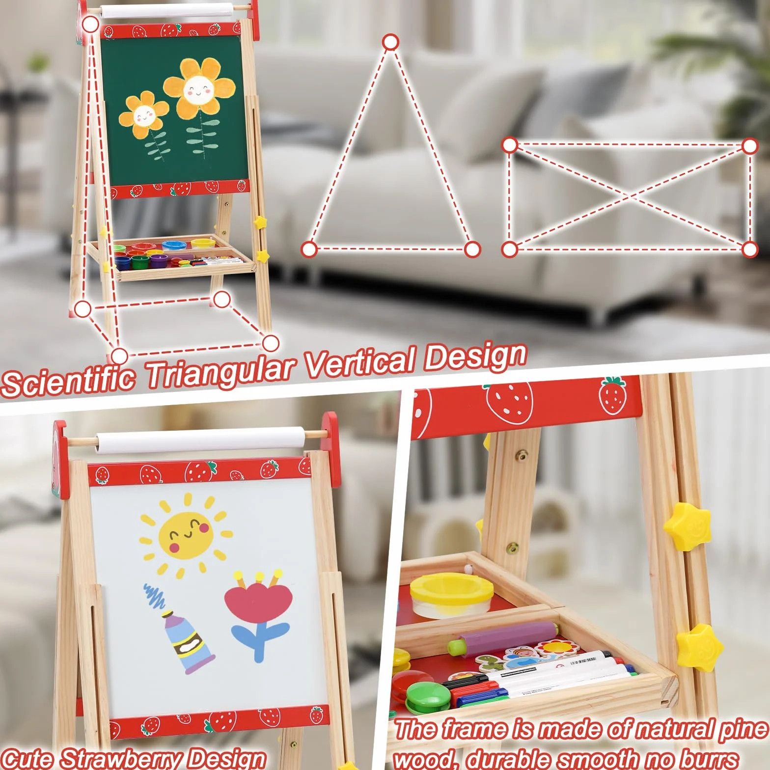 Lavagna per Bambini Cavalletto 3 in 1 Doppia Faccia con Rotolo di Carta Altezza Regolabile 95-125cm Pieghevole Multiattività Vassoio di Stoccaggio 100+ Accessori da Disegno