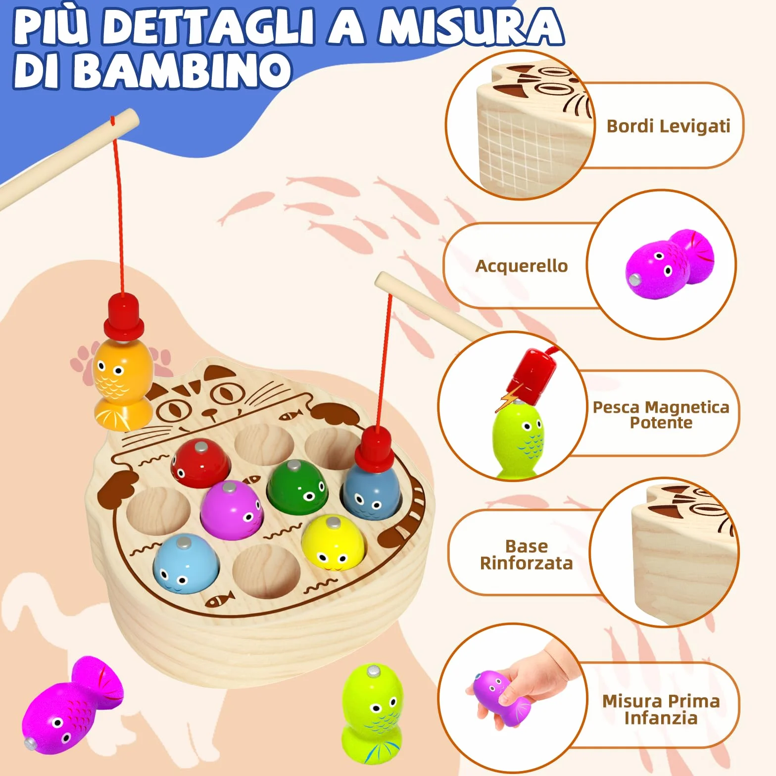 Giochi Montessori 2 Anni, Gioco Pesca Pesci Calamita 3 Anni con 10 Pesci 2 Canne da Pesca, Regalo Bambino per 2 3 4 Anni (Pesca al Gatto Carino)