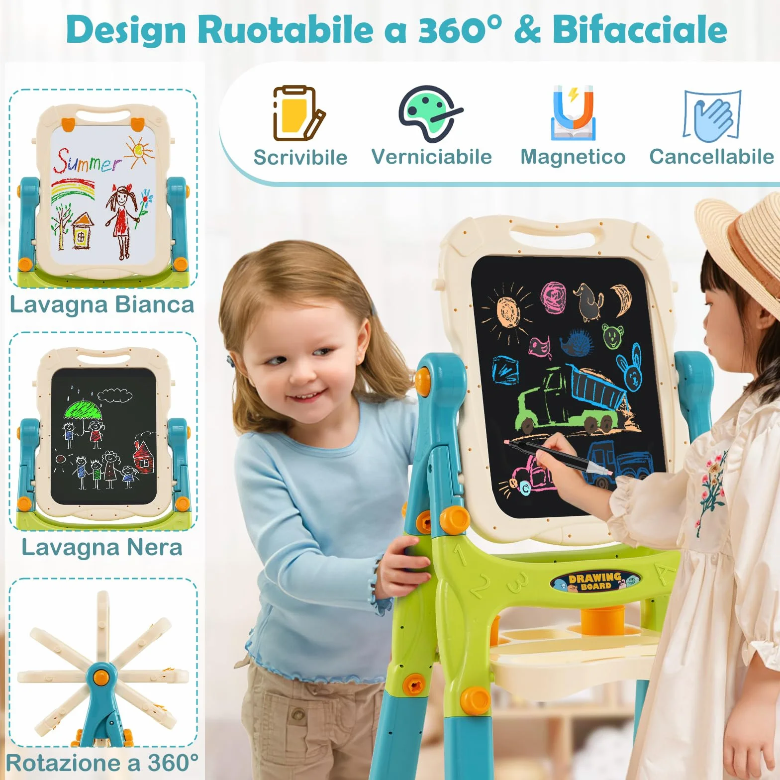 COSTWAY Cavalletto per Bambini Lavagna Magnetica a Doppia Faccia Regolabile in Altezza Tavolo da Disegno Staccabile con Manico Portatile 2 Tazze 3 Anni+