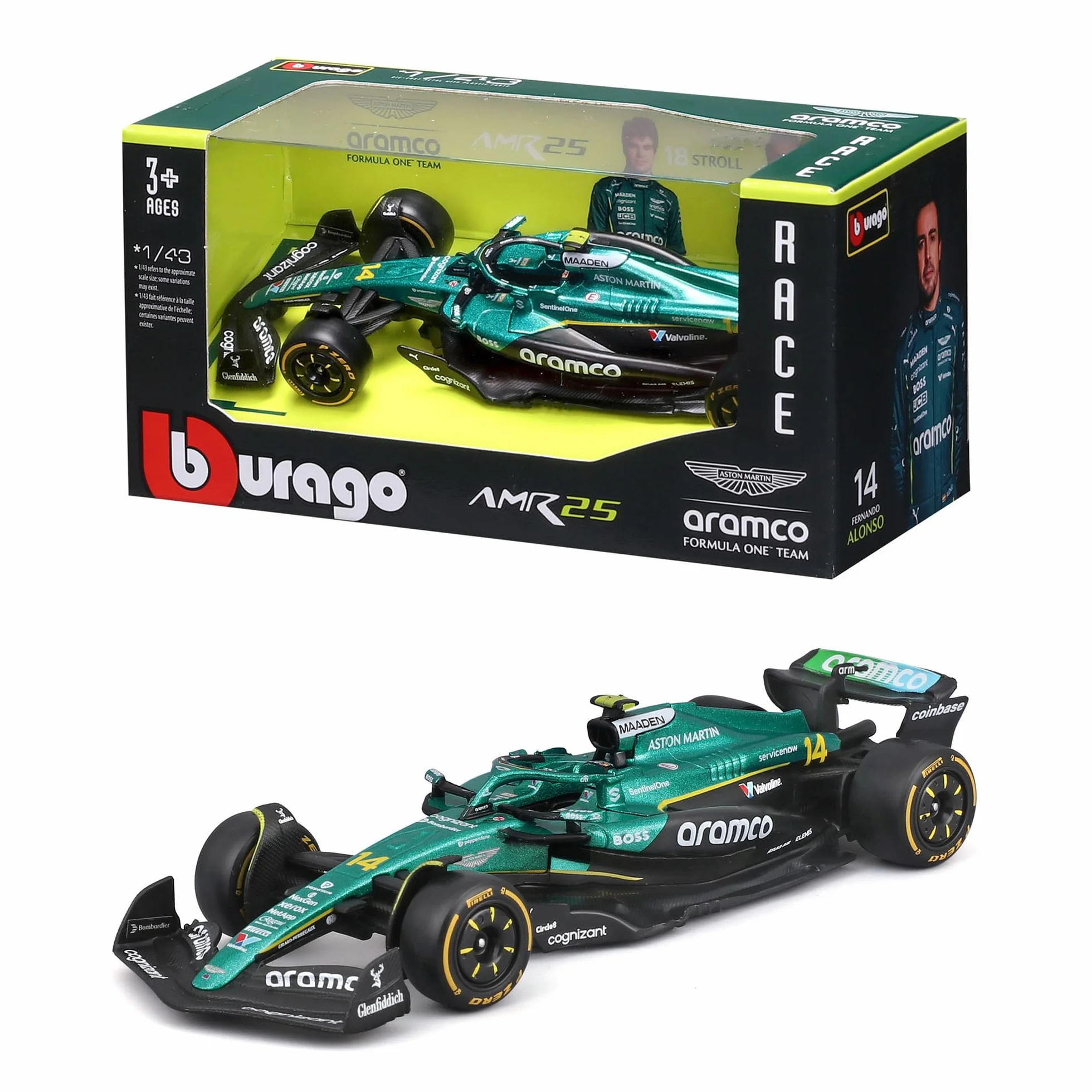Bburago - F1 Aston Martin AMR25 Formula 1 2025#14 Alonso, Modellino Auto Diecast in Scala 1:43, Replica Ufficiale Aston Martin, Dettagli Realistici, Età Consigliata 3+ Anni