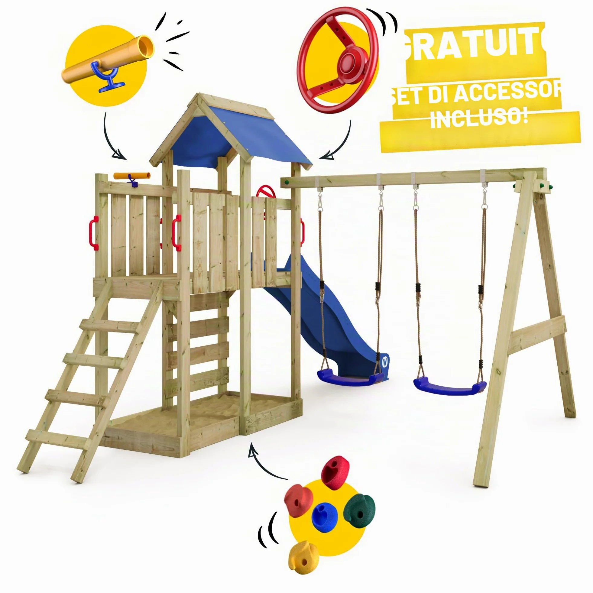 Gioco da giardino WICKEY MultiFlyer con altalena e scivolo verde, struttura da esterno per bambini con sabbiera, scaletta e accessori da gioco
