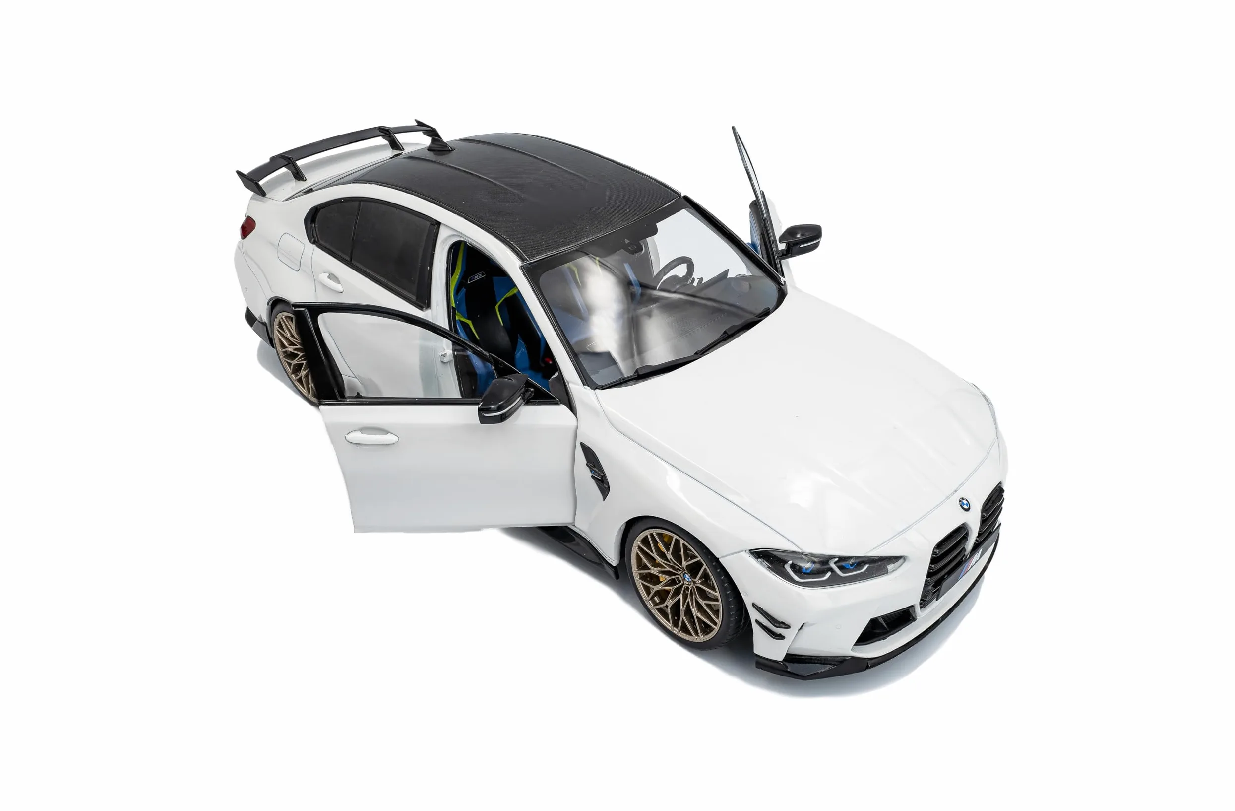 Solido BMW M3 (G80) - berlina sportiva con doppio raggio, accenti neri, cerchi in bronzo, dettagli aerodetails, Diecast modellino auto, bianco alpino, tinta unita, 1:18
