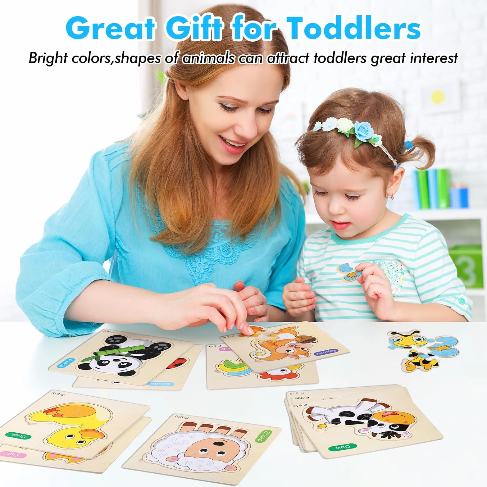 Puzzle Legno Bambini, 12 Pezzi Puzzle Animali Legno, Giocattoli Educativi Montessori Bambini 1 2 3 Anni, Set Puzzle per Regali Compleanno Pasqua Halloween Natale