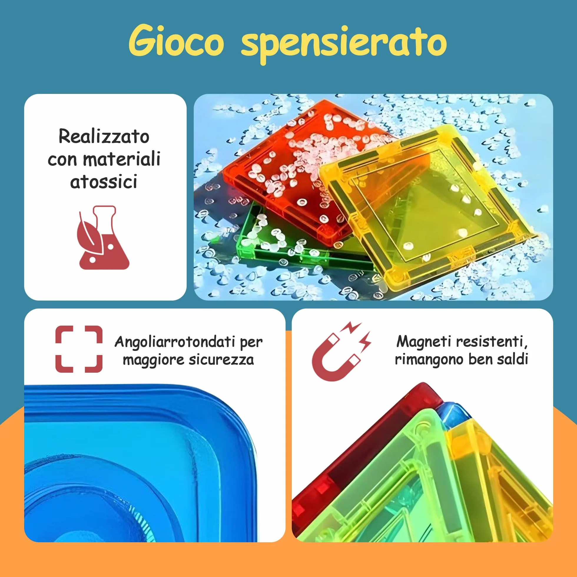 Olvy Set 74 Blocchi Magnetici per Bambini, Piastrelle Magnetiche Montessori, Gioco di Costruzioni 3+ Anni