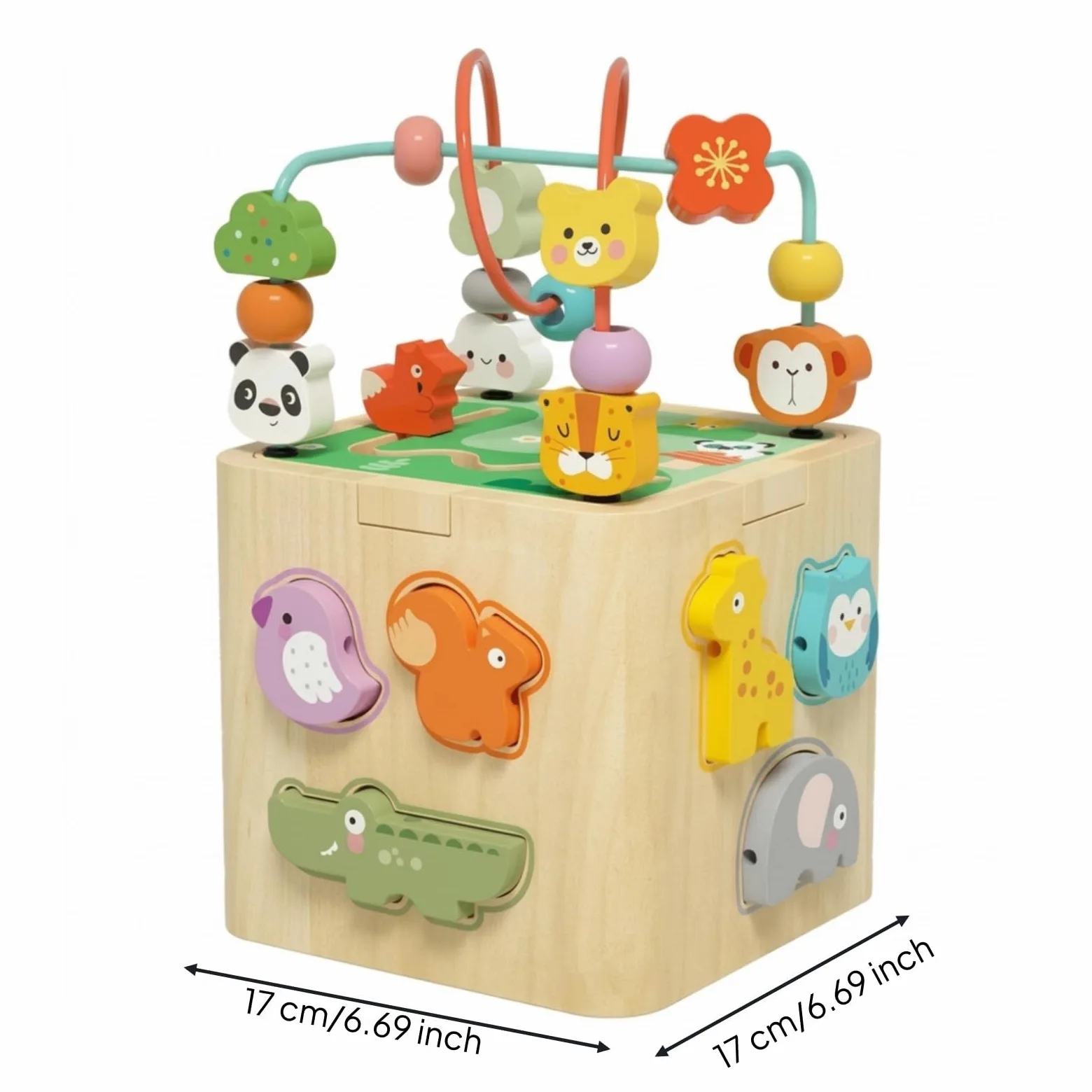 Giocattolo Educativo per Bambini Cubo Sensoriale Legno Percorso Perline Rotelle Ingranaggi Puzzle Rotante Abbinamento Forme Sviluppo Abilità Motorie