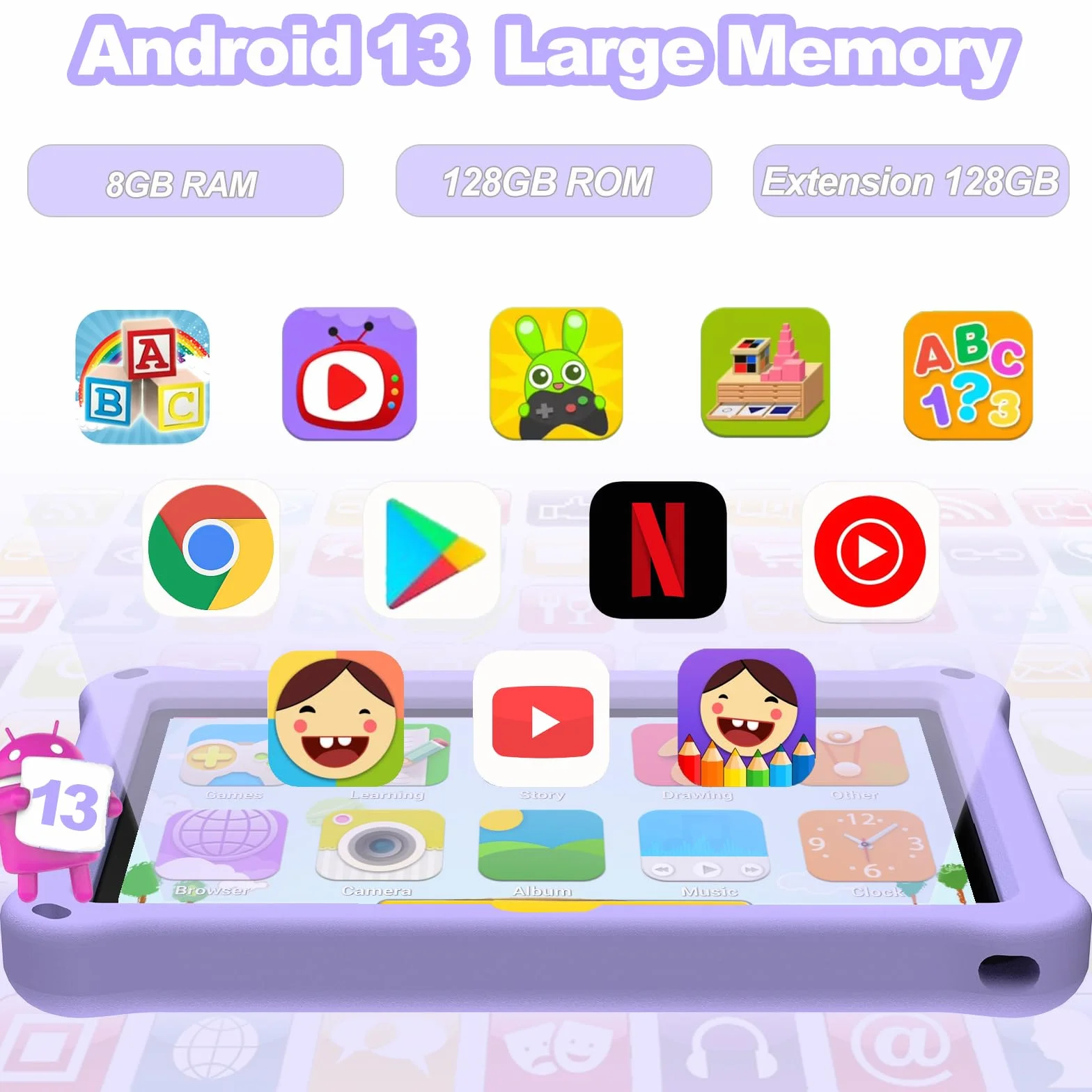 Tablet Bambini 10.1 Pollici, Android 13 Educativo per Bambini 8GB RAM 128GB Rom,Controllo Parentale,6000mAh,WiFi FHD 1280x800 per Tablet PC 3 a 6 Anni con Custodia,Viola