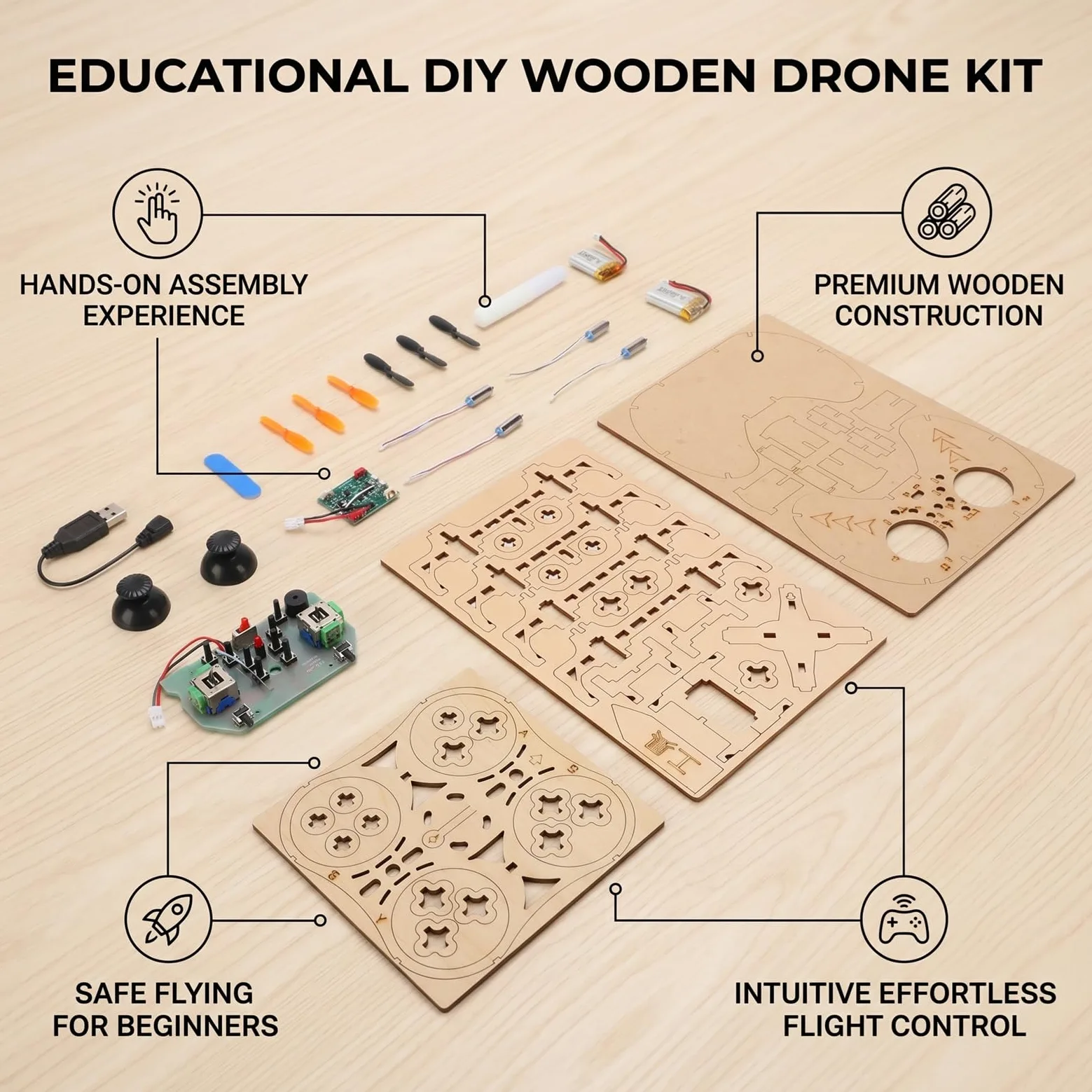 Asixxsix Kit drone in legno fai-da-te, quadricottero radiocomandato con decollo e atterraggio a un tasto e 3 livelli di velocità; come sussidio didattico per gare di aeromodellismo.
