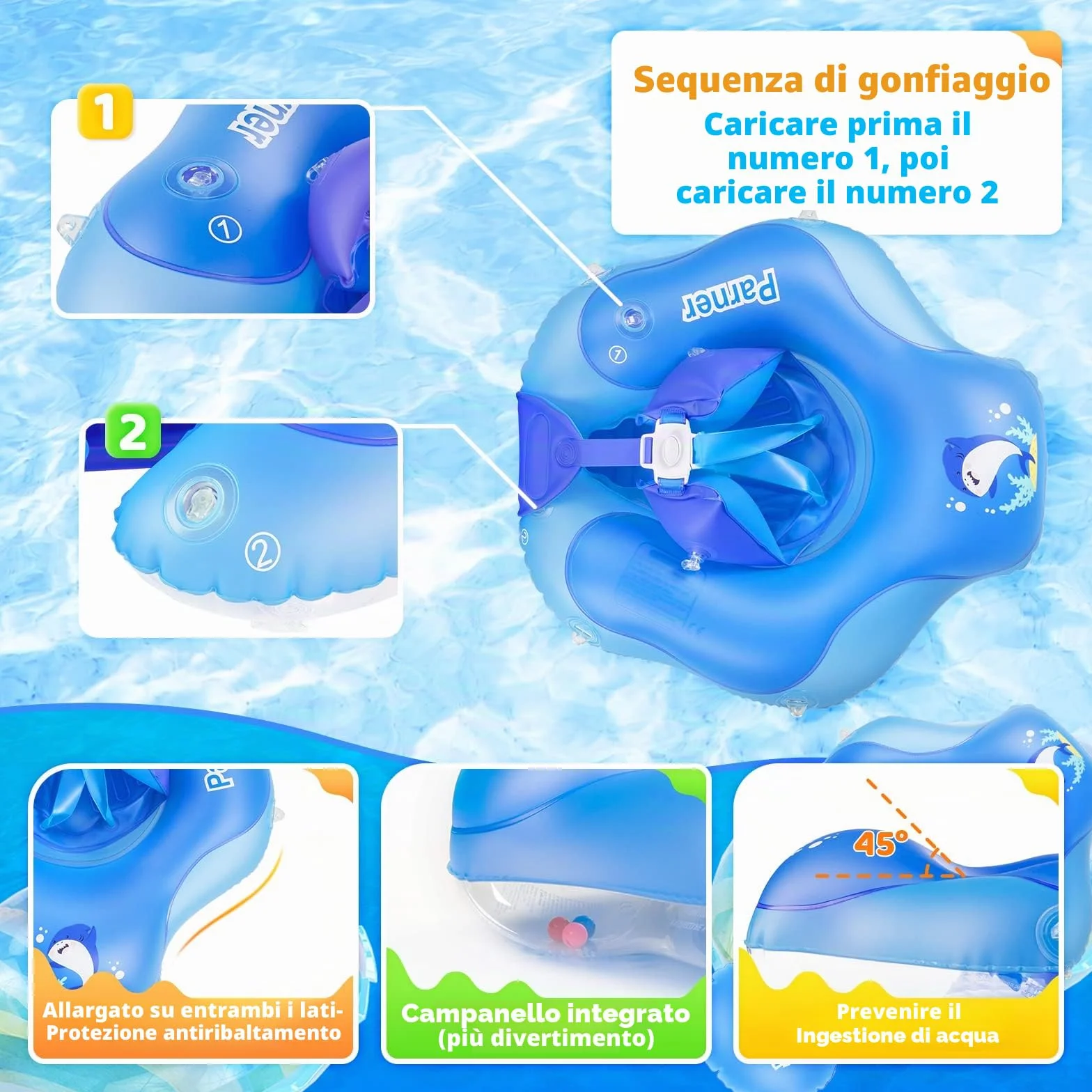 Parner Anello galleggiante per neonato con tettuccio parasole UPF50+, aiuto per il nuoto per la piscina, salvagente neonato con parasole, sedile di sicurezza regolabile, per bambini da 3 a 36 mesi