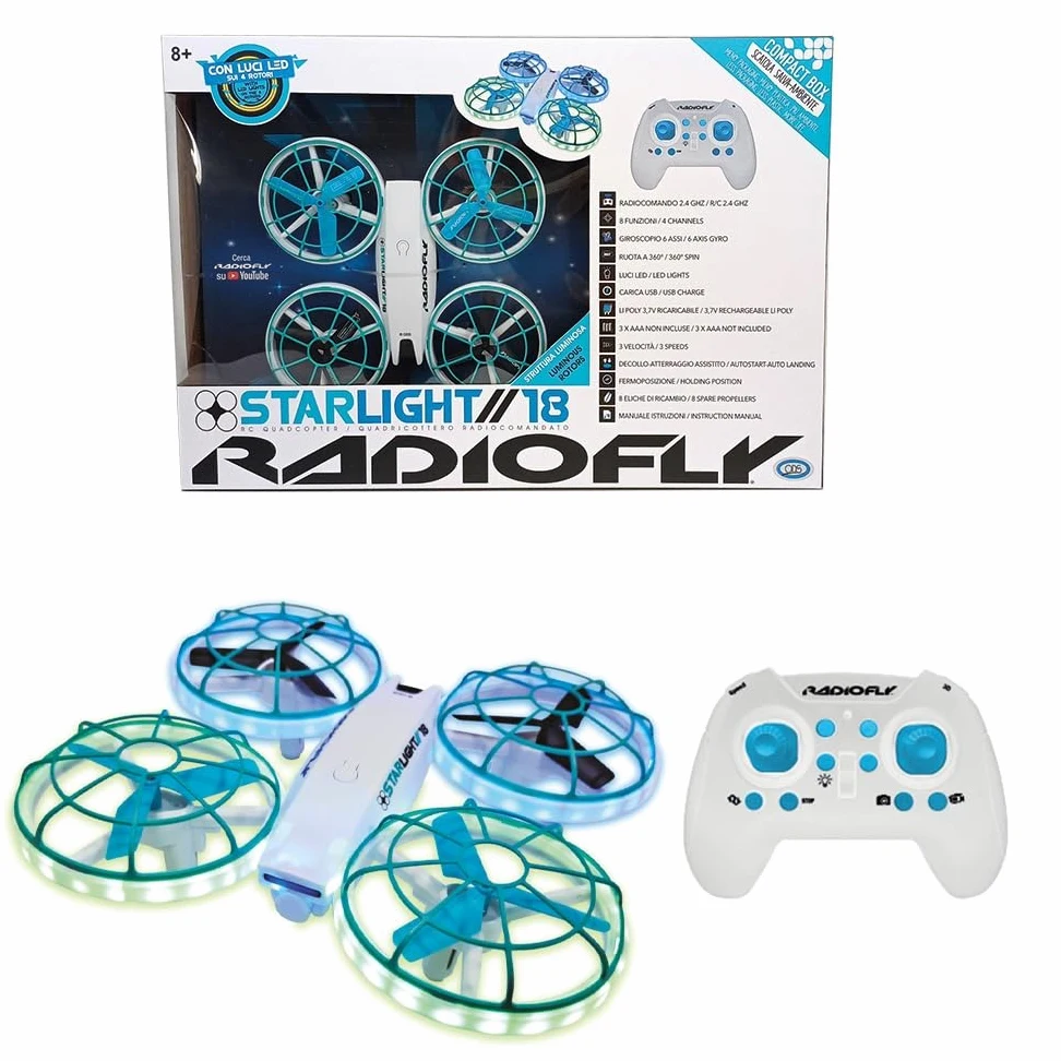 Radiofly - Starlight // 18 RC 2.4 GHz, misura 17 x 17 x 4.8 cm 8 funzioni, fermoposizione, decollo/atterraggio assistiti 3 velocità, flip 360 LUCI LED NEI 4 ROTORI