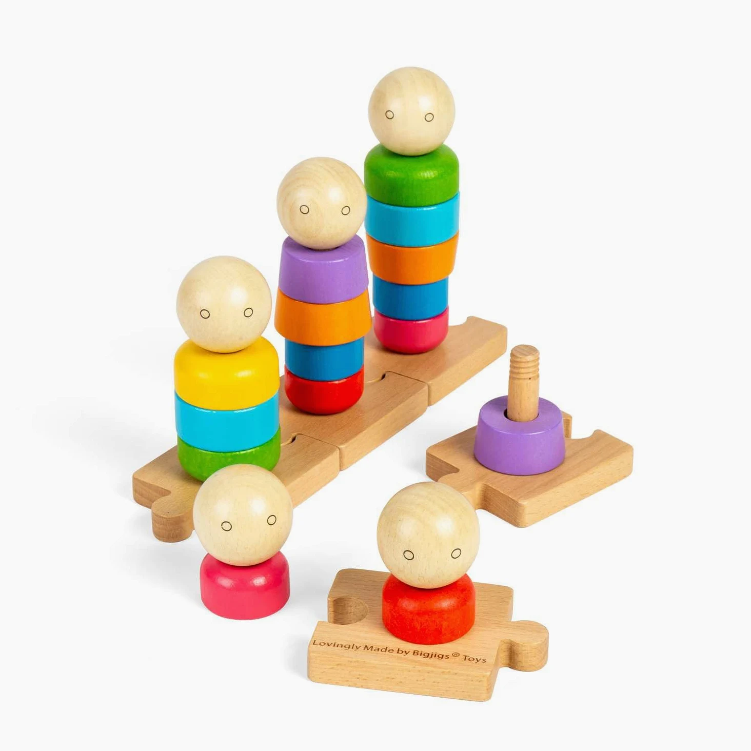 Bigjigs Toys Rainbow Family, 25 giocattoli montessori impilabili in legno, attività educativa per l'apprendimento precoce, regali ecologici per neonati e bambini, età 12+ mesi