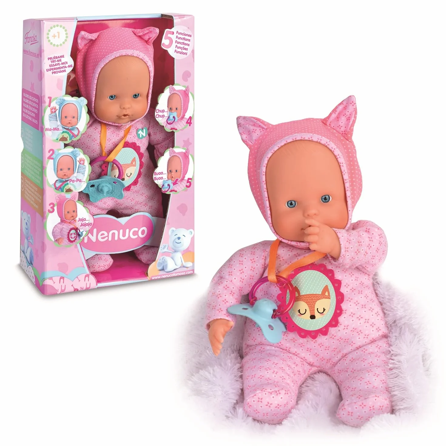 Nenuco - Blandito 5 Funzioni Rosa, Emette Suoni di Ciuccio e Succhiamento del Pollice come un Vero Bambino, Ride, Piange, Dice Mamma e Papà. Regalo per Bambini da 1 a 3 Anni FAMOSA (700014781)