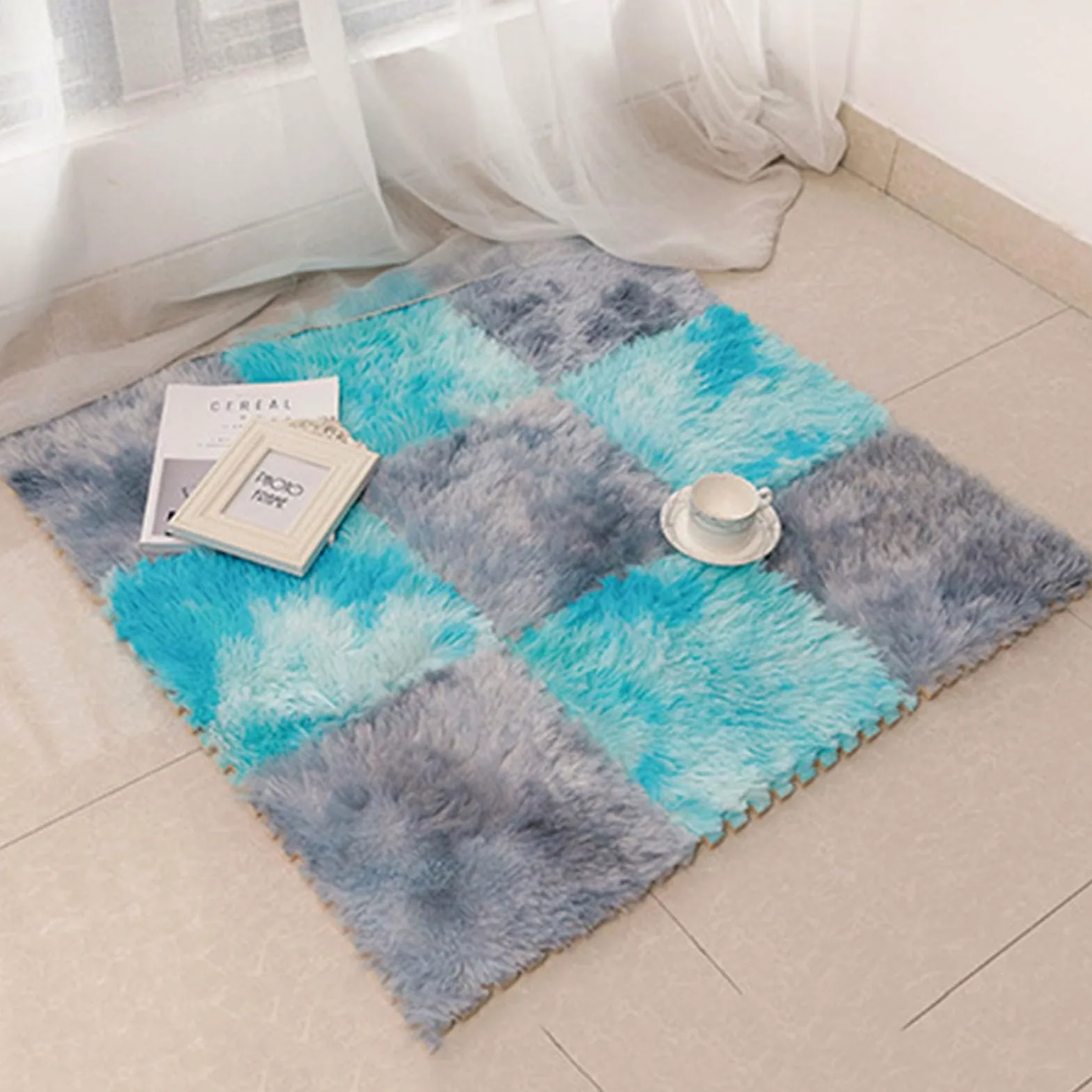 Tappeto ad Incastro Splice 12 Pezzi, Tappeto in Schiuma di Peluche, Tappeto in Schiuma a Puzzle, Tappeto per Gattonare in Camera da Letto, Tappeto in Schiuma Antiscivolo,Blue+Gray