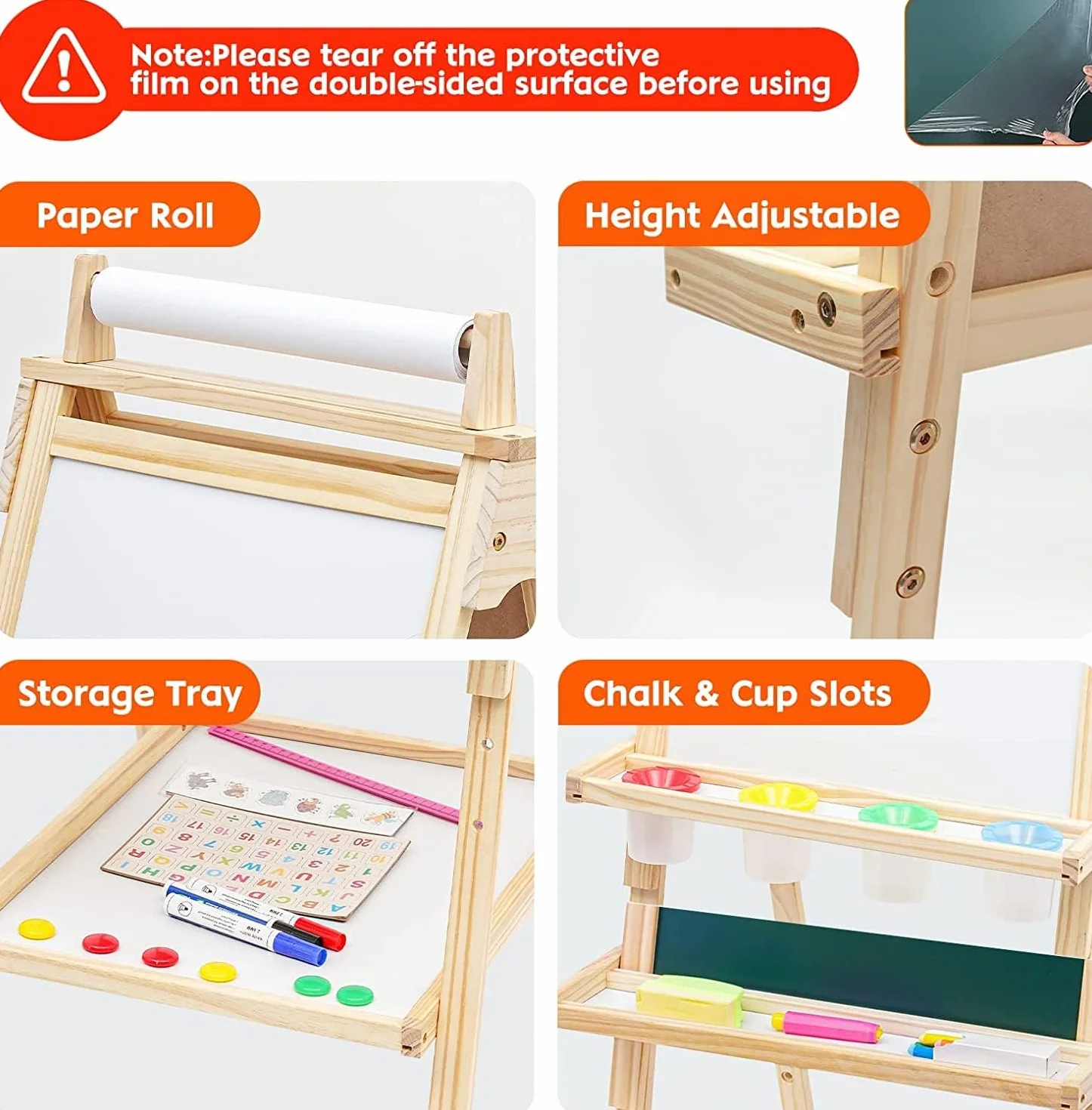 Cavalletto per bambini Tavola da gioco in legno per bambini Tavola in legno per bambini con rotolo di carta Lavagna bianca e lavagna a doppia faccia Cavalletto per bambini