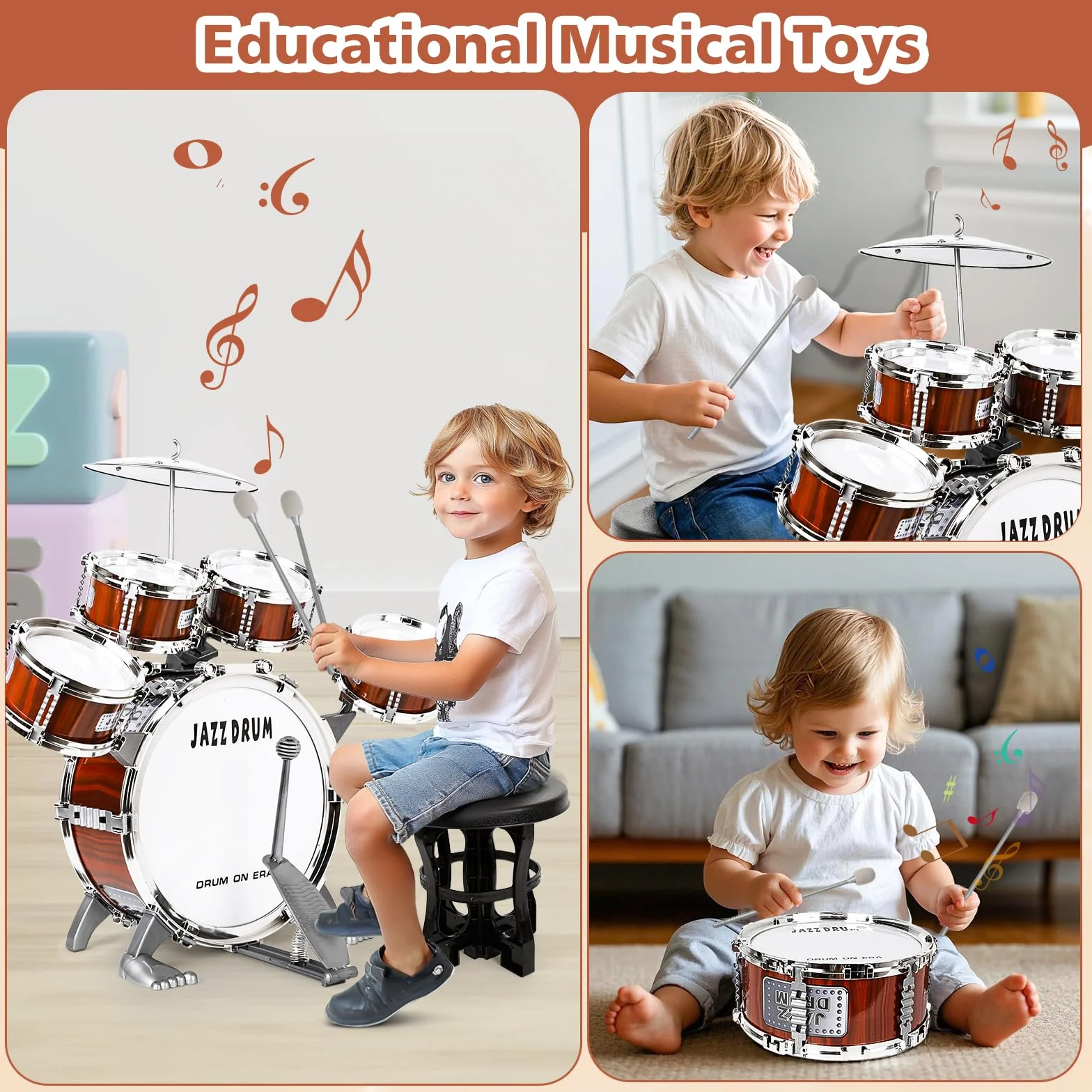 Batteria per Bambini, Set Batteria Jazz Strumento Musicale 5 Tamburi con Sgabello, Toddler Drum Set Musicale Percussione Giocattolo Regalo per Bambini 3 4 5 Ragazzi e Ragazze