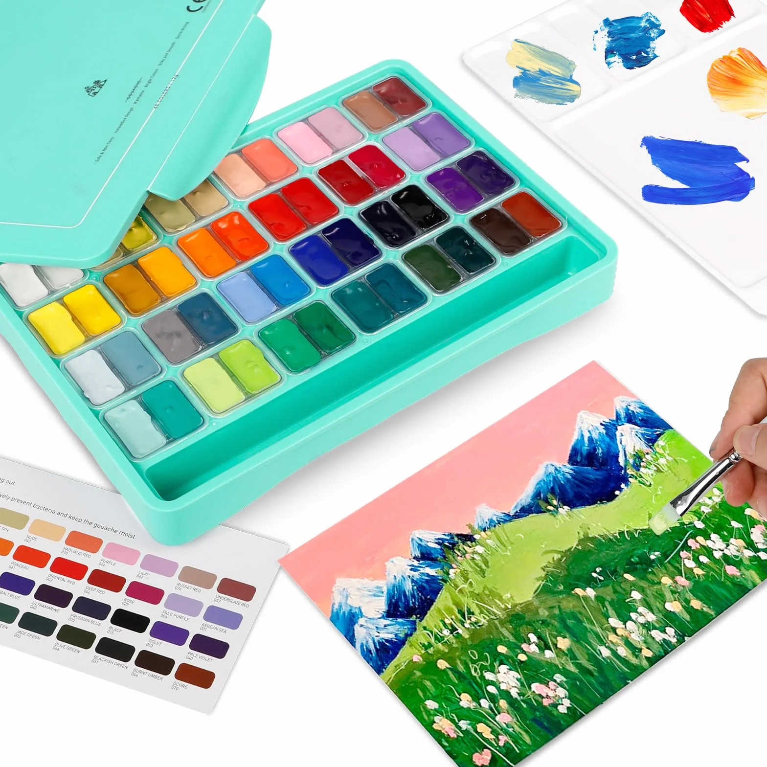 ABEIER HIMI Set di Pittura a Guazzo, 48 colori x 12 ml/1 oz con 3 pennelli e una tavolozza, design unico della tazza di gelatina, non tossico, gouache - perfetto per principianti e studenti