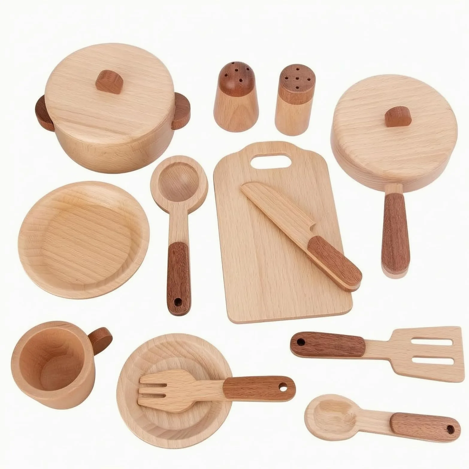 15 Pieces Accessori Cucina Giocattolo Venatura Chiara Set Cucina Legno Manici Bruniti