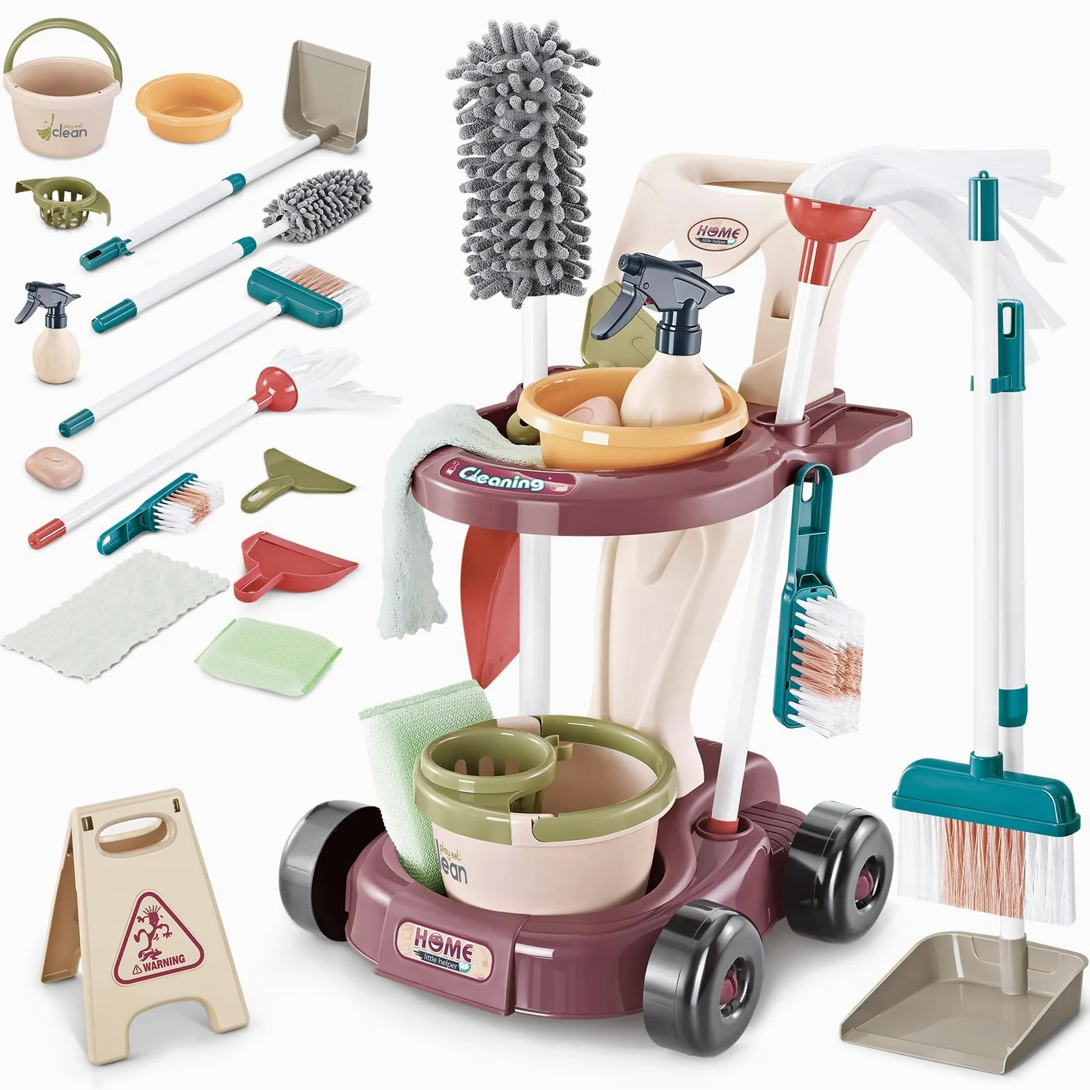 deAO Kit di Pulizia per Bambini, Carrello di Pulizia Staccabile con Scopa, Paletta, Spruzzatore, Giocattoli per Bambini, Gioco di Ruolo, Regalo 3 Anni+