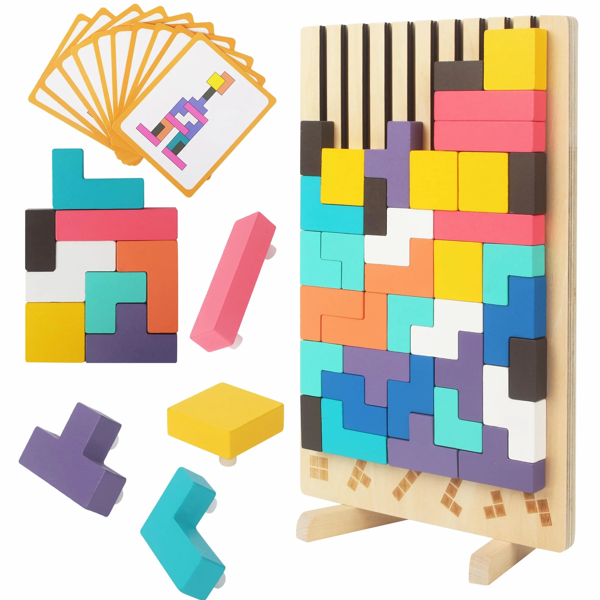 Gioco Impilabile in Legno Tetris, Giocattoli Educativi, con 10 Carte, Intelligenza Jigsaw, Puzzle Bambini 3 4 5 6 Anni, Colorato Blocchi Geometrici Tetris, Regalo Educativi