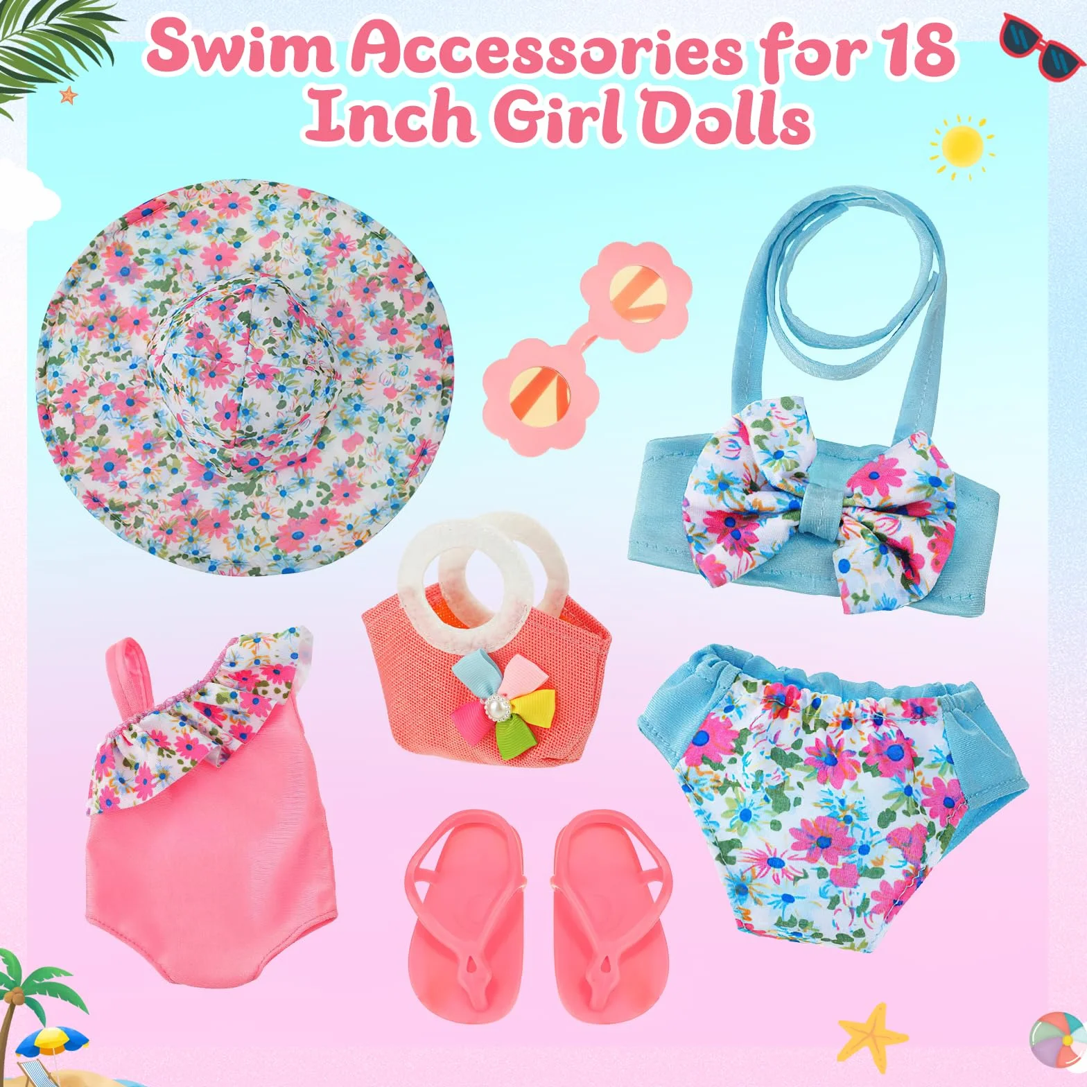 Costume da Bagno per Bambole, Set di Nuoto per Bambole, Vestiti Bambola Estate con Costumi da Bagno, Occhiali da Sole,Cappello, Pantofole, Vestite Bambole Reborn per Bambole 35-45 cm