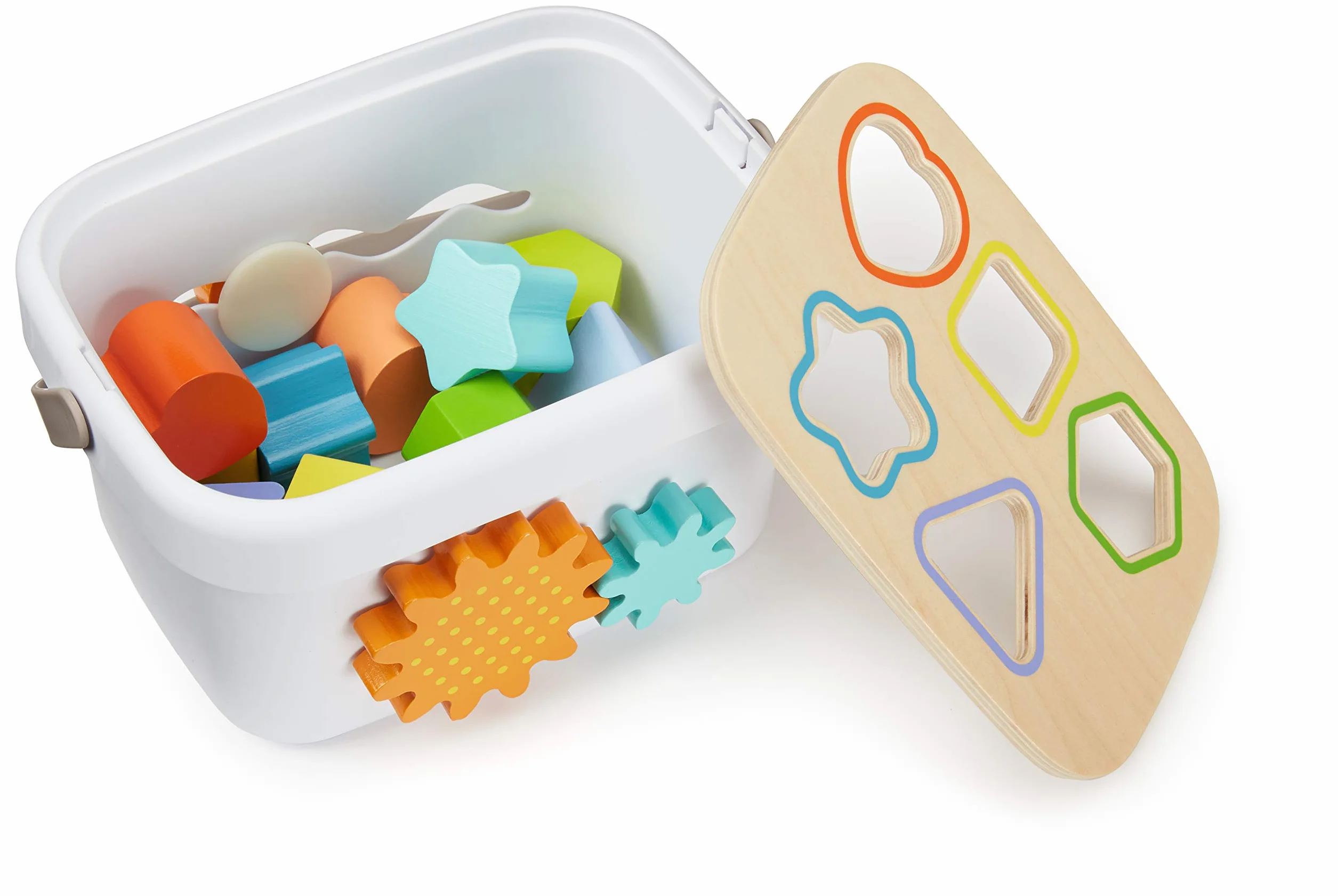 Amazon Basics Bebè Set di giocattoli classici in legno con scatola delle forme e torre con anelli impilabili in vari colori, Medio