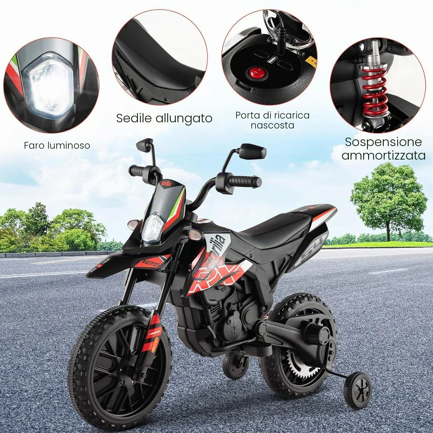 FANTASK APRILIA 12V MOTORE ELETTRICO PER BAMBINI 5.5-6km/h MOTO BAMBINI CON RUOTE DI SUPPORTO & MUSICA & FARI MOTO ROSSA E NERA PER BAMBINI DA 3-8 ANNI ROSSO