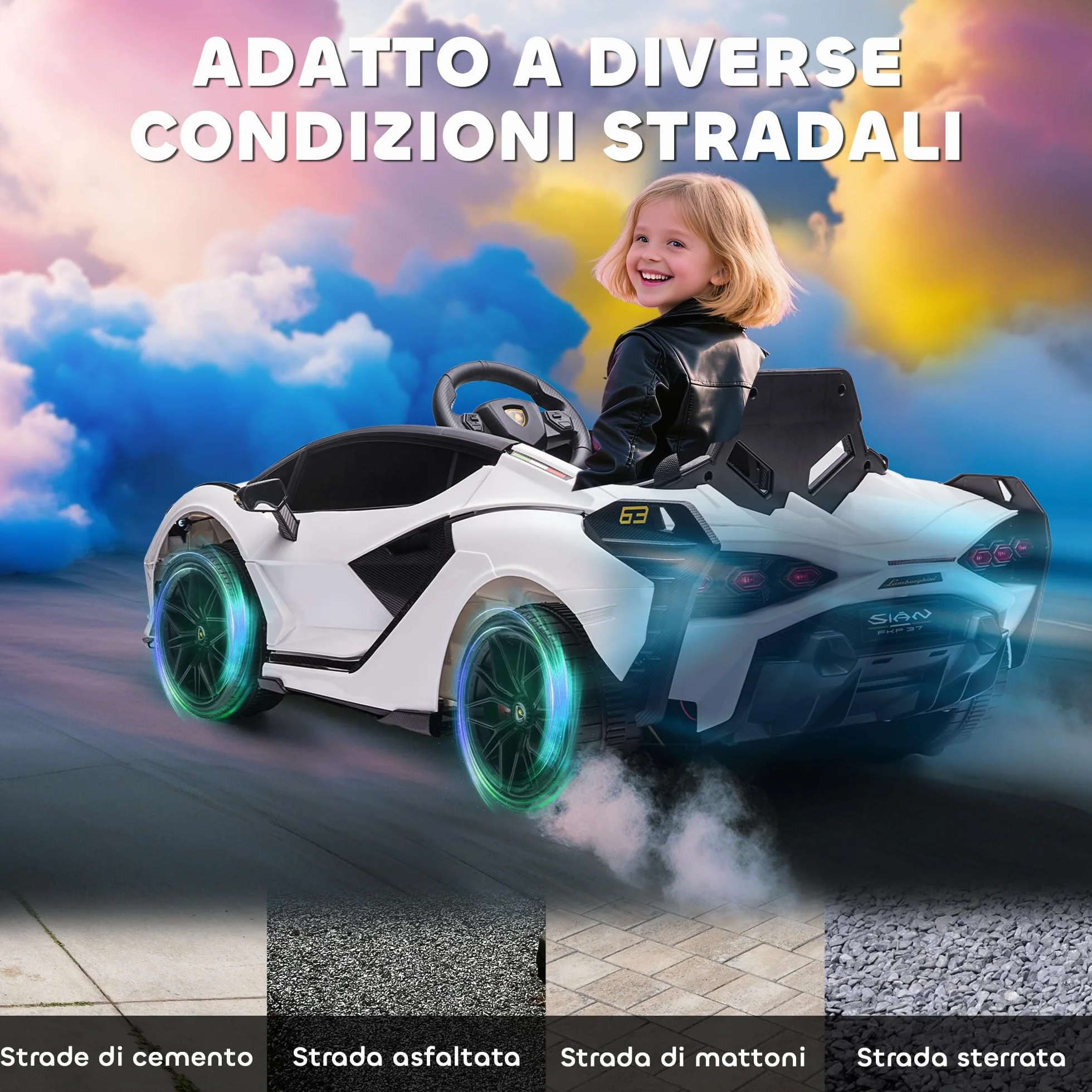 HOMCOM Macchina Elettrica per Bambini 3-5 Anni 12V Lamborghini SIAN, 3-5km/h Auto Elettrica per Bambini con 2 Motori, Fari e Musica, Telecomando, Cintura e Clacson, Bianco