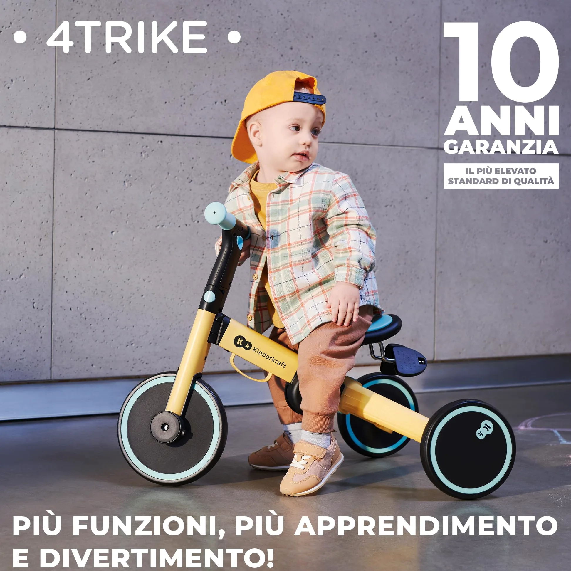 Kinderkraft Triciclo 3in1 4TRIKE, Mini bici, Carrello, Sella regolabile, Pieghevole, da 12 mesi a 5 anni, Giallo+Blu