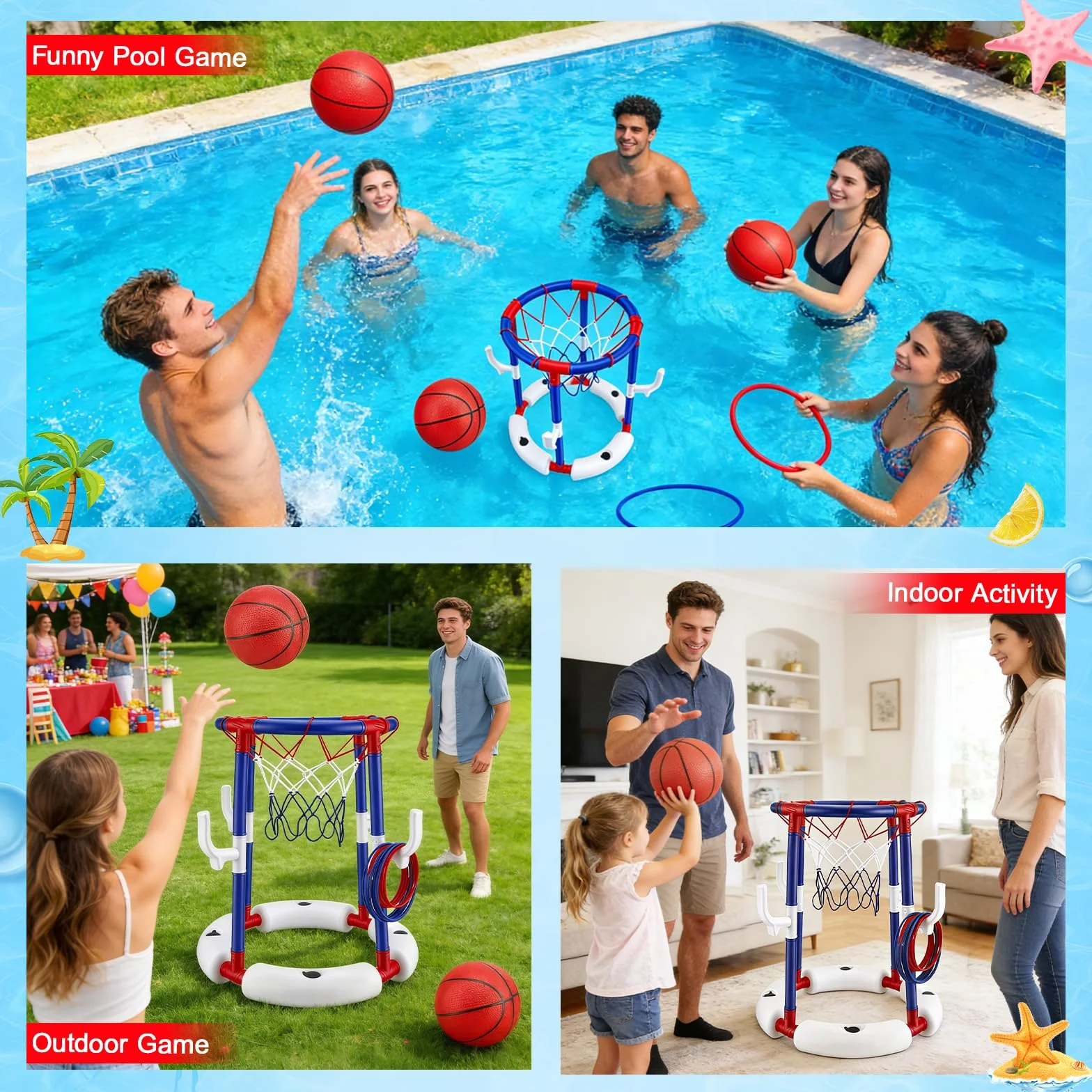 Set da basket galleggiante 2 in 1 per piscina, con 4 palloni grandi e 12 anelli, pompa inclusa. Sport acquatici gonfiabili per bambini, adulti e famiglie Divertimento in piscina, al lago o in spiaggia