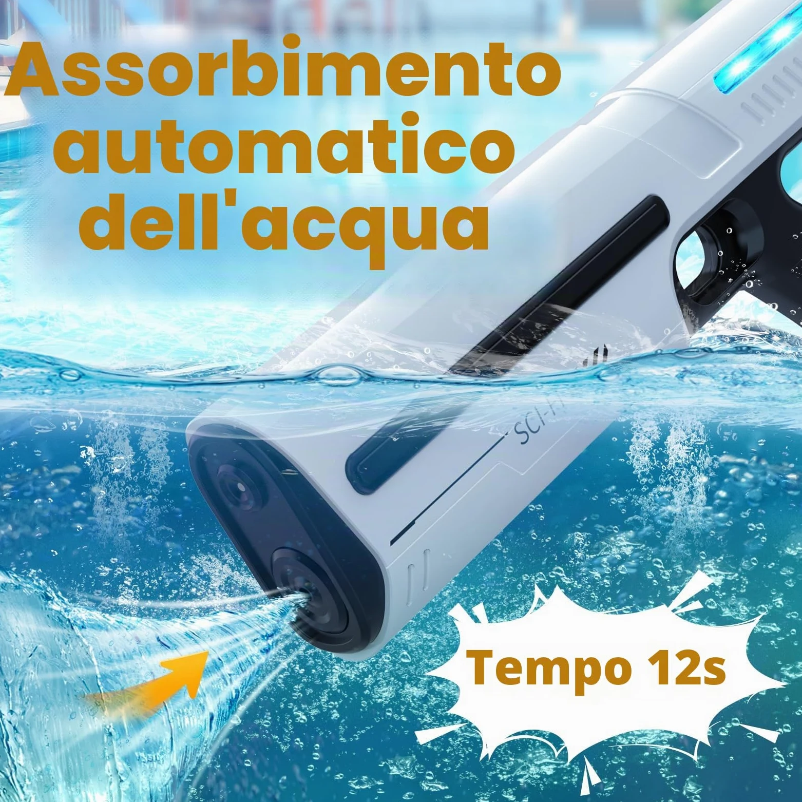 Skirfy Pistola ad acqua elettrica per bambini e adulti, giocattolo a spruzzo a batteria con serbatoio, portata 9 m, luce a LED, assorbimento automatico dell'acqua, gioco estivo in spiaggia all'aperto